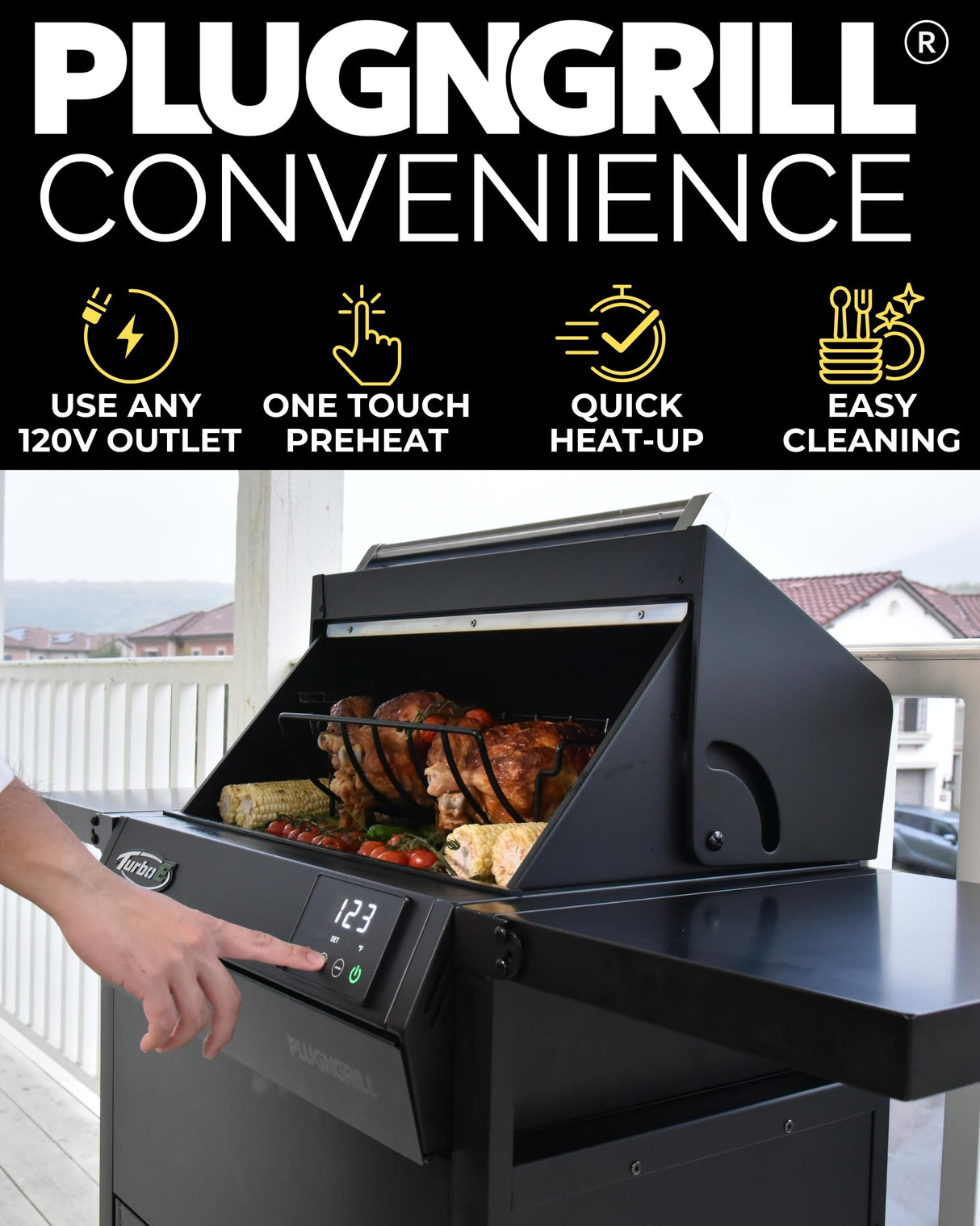 Turbo E Outdoor Electric Grill by PLUGNGRILL - High-Power 1700W Infrared Grill Technology - 24-Inch Smart BBQ Grill with Probe & Digital Display for Precise Cooking & Searing PLUGNGRILL
