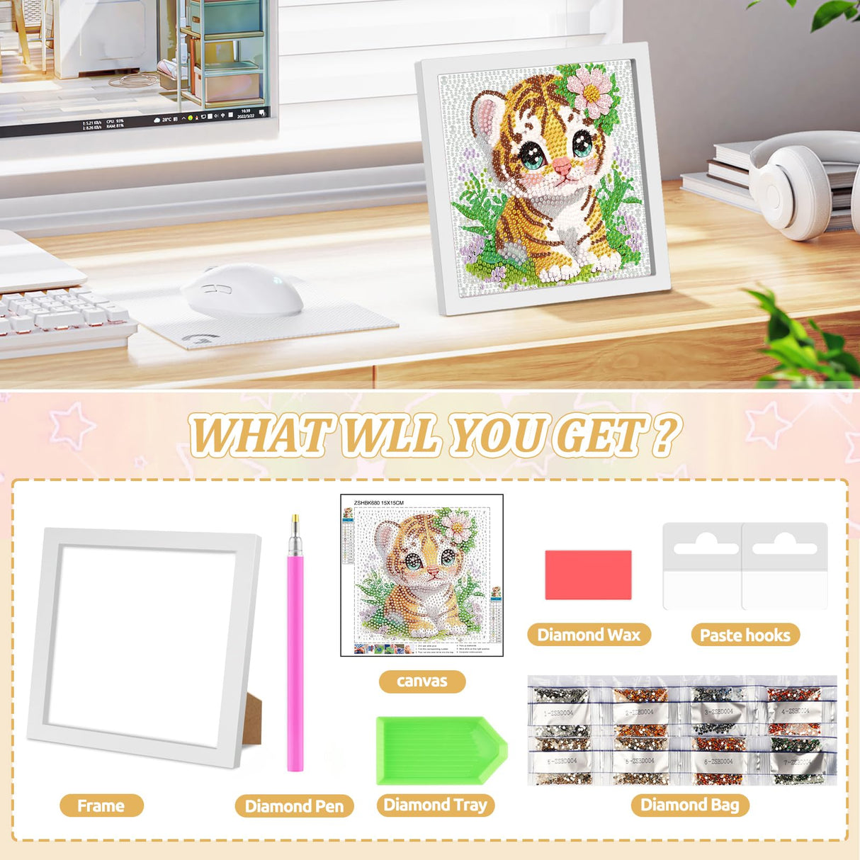 SENQAO Tiger Diamond Art Kit for Adults with Frame Art and Crafts for Adults Ages 6-8 -10-12 Easy to DIY Diamond Art for Adults and Adult Beginners Home Wall Decoration 7.1x7.1inch SENQAO
