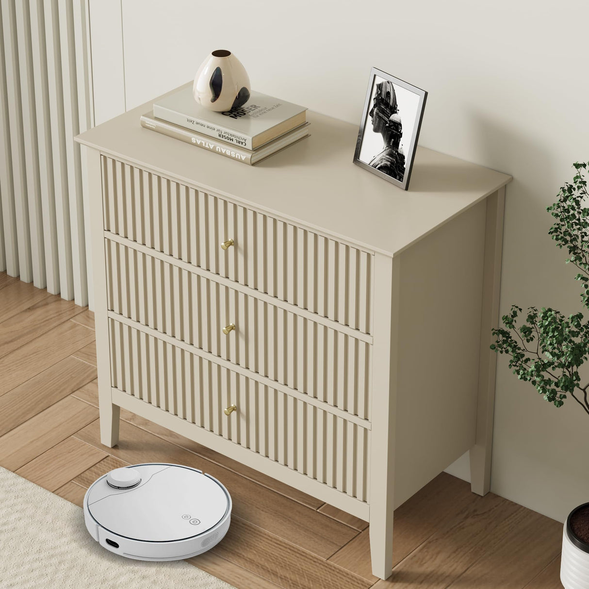 RoyalCraft Large 3 Drawer Dresser Set of 2, Fluted Wood Drawers for Bedroom, Modern Painted 30 inch Wide Nightstand for Bedroom, Entryway, Beige RoyalCraft