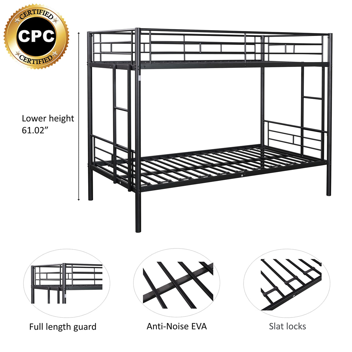 HomJoones Twin Over Twin Metal Bunk Bed with Trundle Heavy Duty Twin Size Metal Bunk Beds Frame with 2 Side Ladders Convertible Bunkbed with Safety Guard Rails,No Box Spring Needed HomJoones
