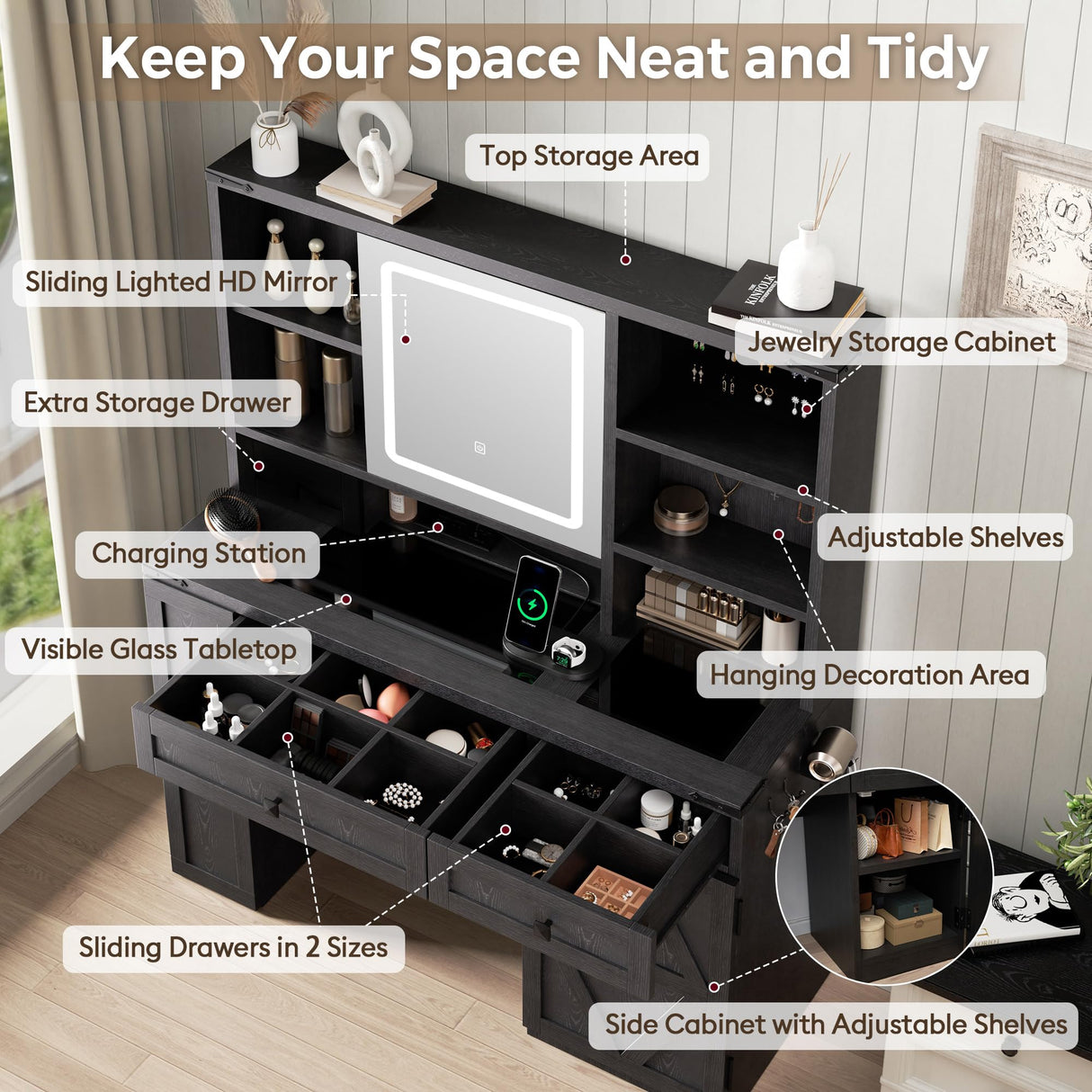 Farmhouse Makeup Vanity Desk with Sliding Mirror and Lights, Glass Desktop Makeup Vanity Desk with Charging Station, 3-Tier Hidden Slide-Out Vanity Shelves, Jewelry Storage Cabinet, 2 Drawers-Black Jocoevol