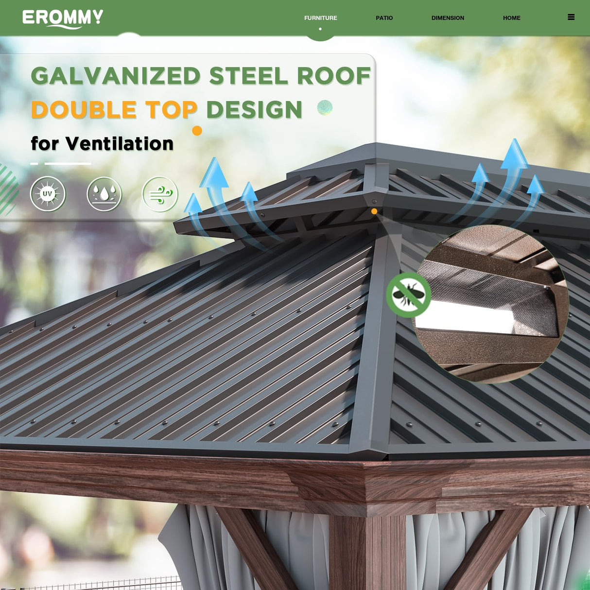 EROMMY 12' x 20' Hardtop Gazebo, Wooden Finish Coated Aluminum Frame Canopy with Double Galvanized Steel Roof, Outdoor Permanent Metal Pavilion with Curtains and Nettings for Patio,Garden, Backyard EROMMY