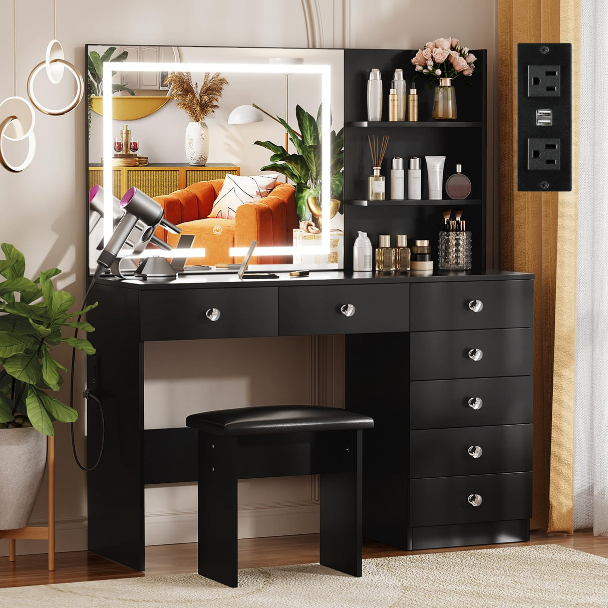 VOWNER Vanity with Lighted Mirror - 47" Makeup Vanity Desk with 7 Drawers, 3 Storage Shelves and Outlet, 3 Color Lighting Modes with Adjustable Brightness, Makeup Desk with Stool for Bedroom,Black VOWNER