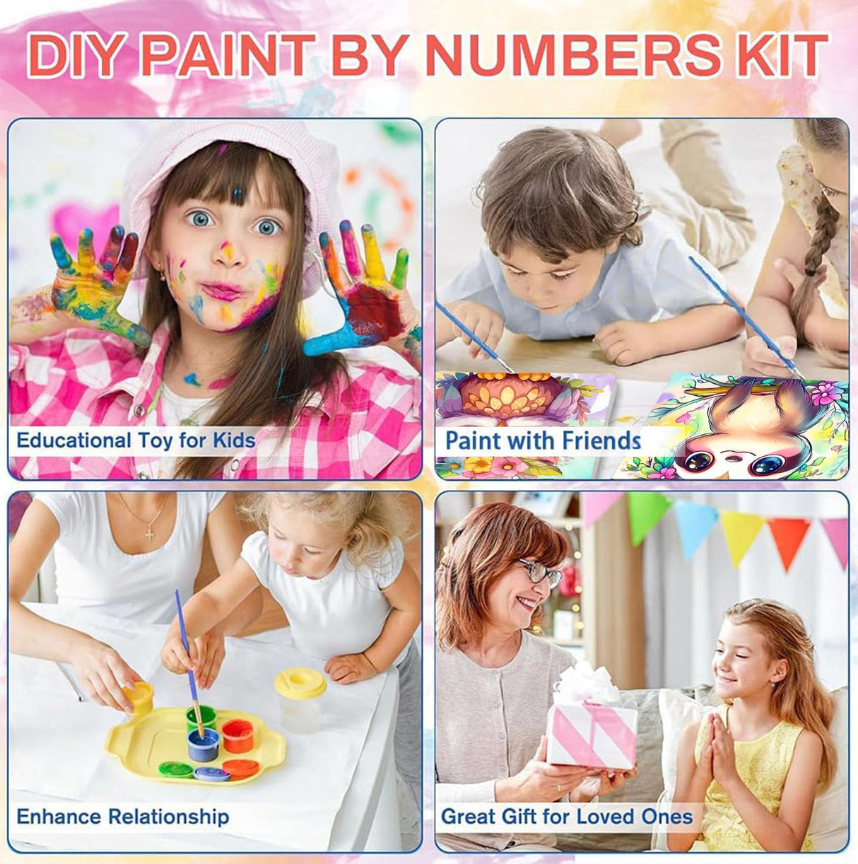 YarnWhimsy 4 Pack Paint by Numbers Kit for Kids with Frame- Animals Paint by Numbers for Kids Ages 4 8 12, Easy Owl Cat Sloth Zebra DIY Acrylic Oil Painting Kits for Home Wall Decor(8X8inch) YarnWhimsy