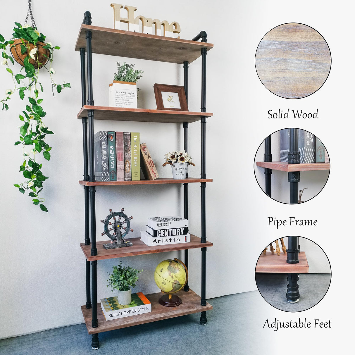 Anynice Industrial Bookshelves, Wood Pipe Bookshelf, 5 Shelf Rustic Display Storage Tall Standing Shelf Bookcase for Living Room, Kitchen, Office (Weathered Brown, 29.5" L x 11.8" W x 70" H) Anynice