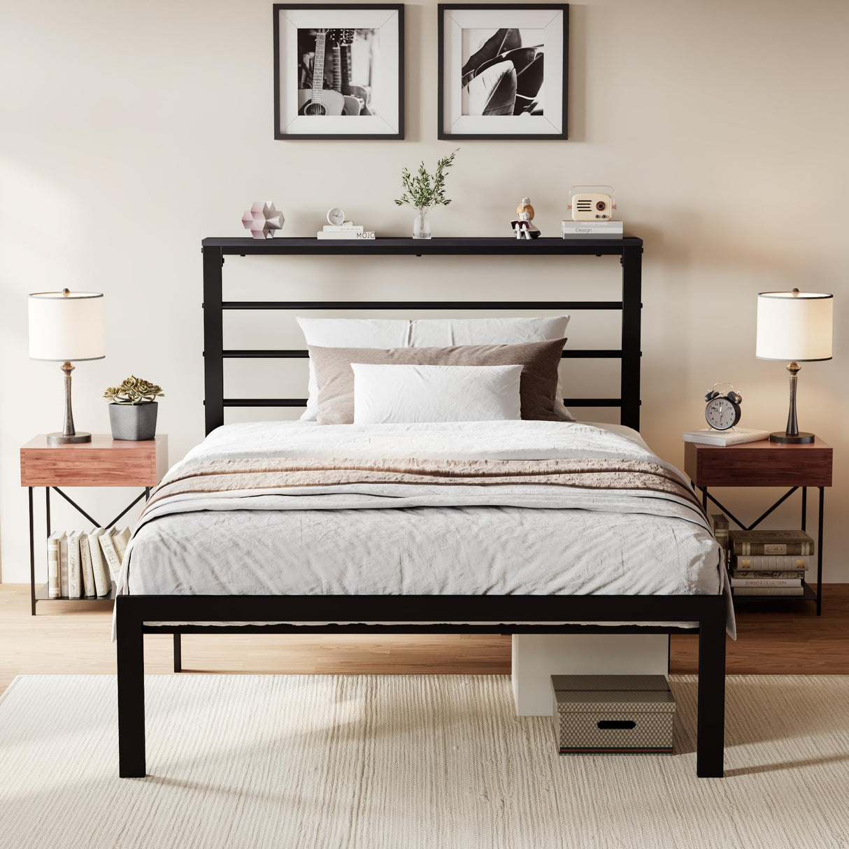 SHA CERLIN Heavy Duty Twin Bed Frame with Practical Headboard Shelf and Strong Metal Support SHA CERLIN