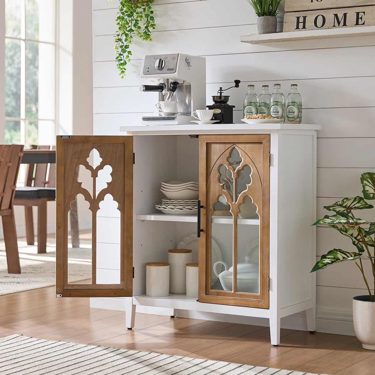 WINWY 30" Farmhouse Sideboard Buffet Credenza Cabinet, Decorative Accent Cabinet with 2 Carved Arched Glass Doors & Adjustable Shelf, Rustic Wooden Storage for Kitchen, Living Room(White,Set of 3) WINWY