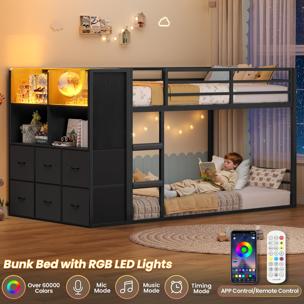 BTHFST Twin Over Twin Bunk Bed with Storage Drawers & Open Storage Shleves with LED Lights, Metal Black Low Bunk Bed Safety Ladder and 13.4" H Guardrail, Space Saving BTHFST