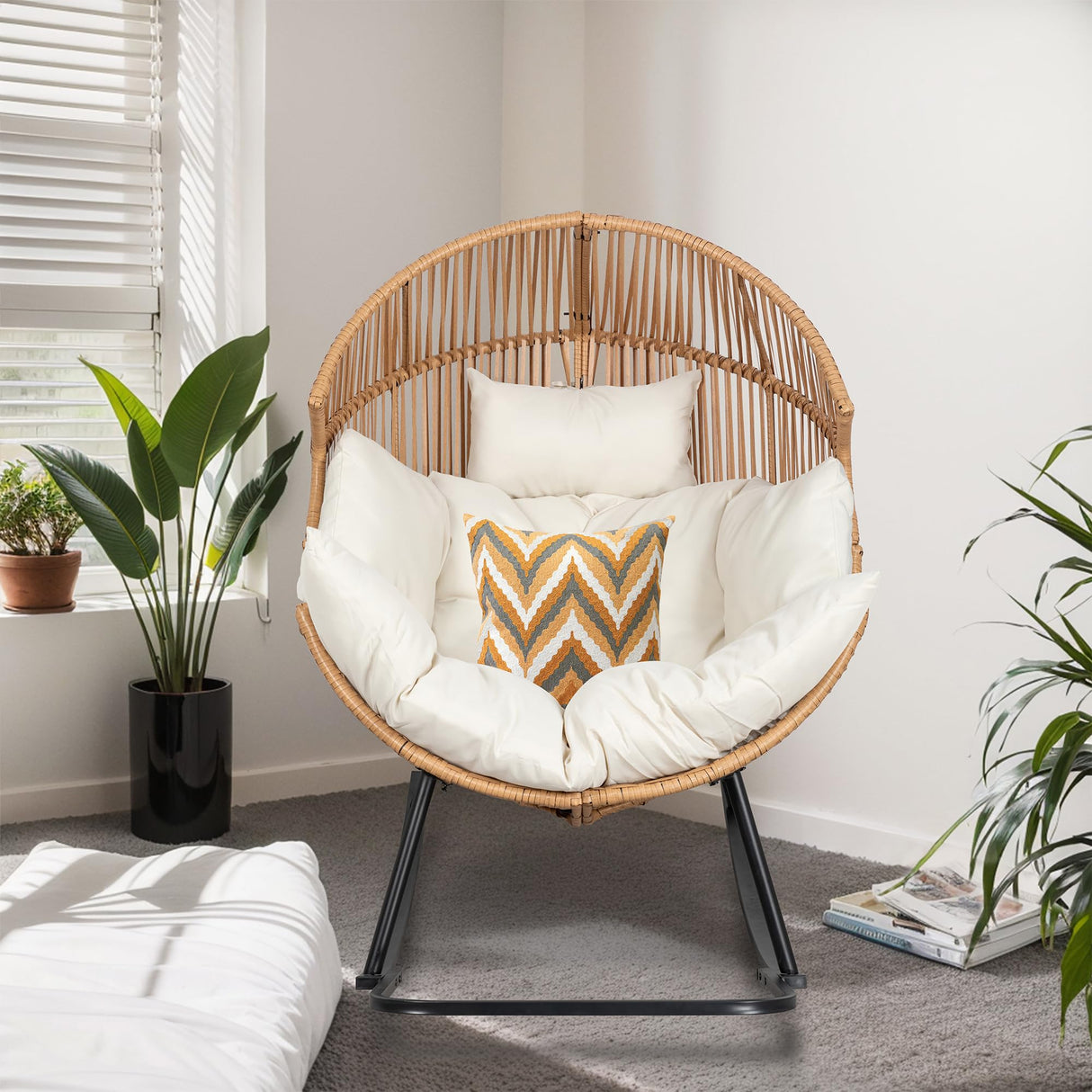 JAMFLY Egg Chair Outdoor Rocking Chairs, Wicker Patio Chair Oversized Lounger Chair with Cushion for Indoor Living Room Bedroom Outside Patio Backyard Balcony, Beige JAMFLY