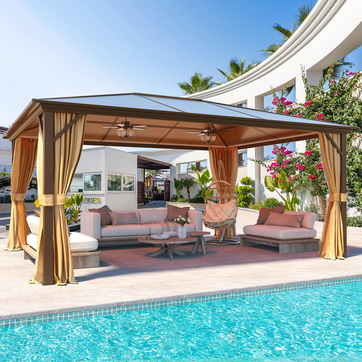 YOLENY 12'x16' Hardtop Gazebo, Outdoor Polycarbonate Roof Canopy, Aluminum Frame Permanent Pavilion with Curtains and Netting, Sunshade for Garden, Patio, Lawns, Khaki YOLENY