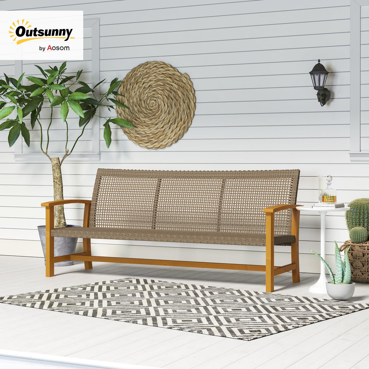 Outsunny Wicker Outdoor Couch, 3-Seat Rattan Outdoor Patio Sofa, 1000 lbs. Capacity, Acacia Wood Patio Furniture Couch with Steel Seat and Armrests for Backyard, Porch, Teak Outsunny