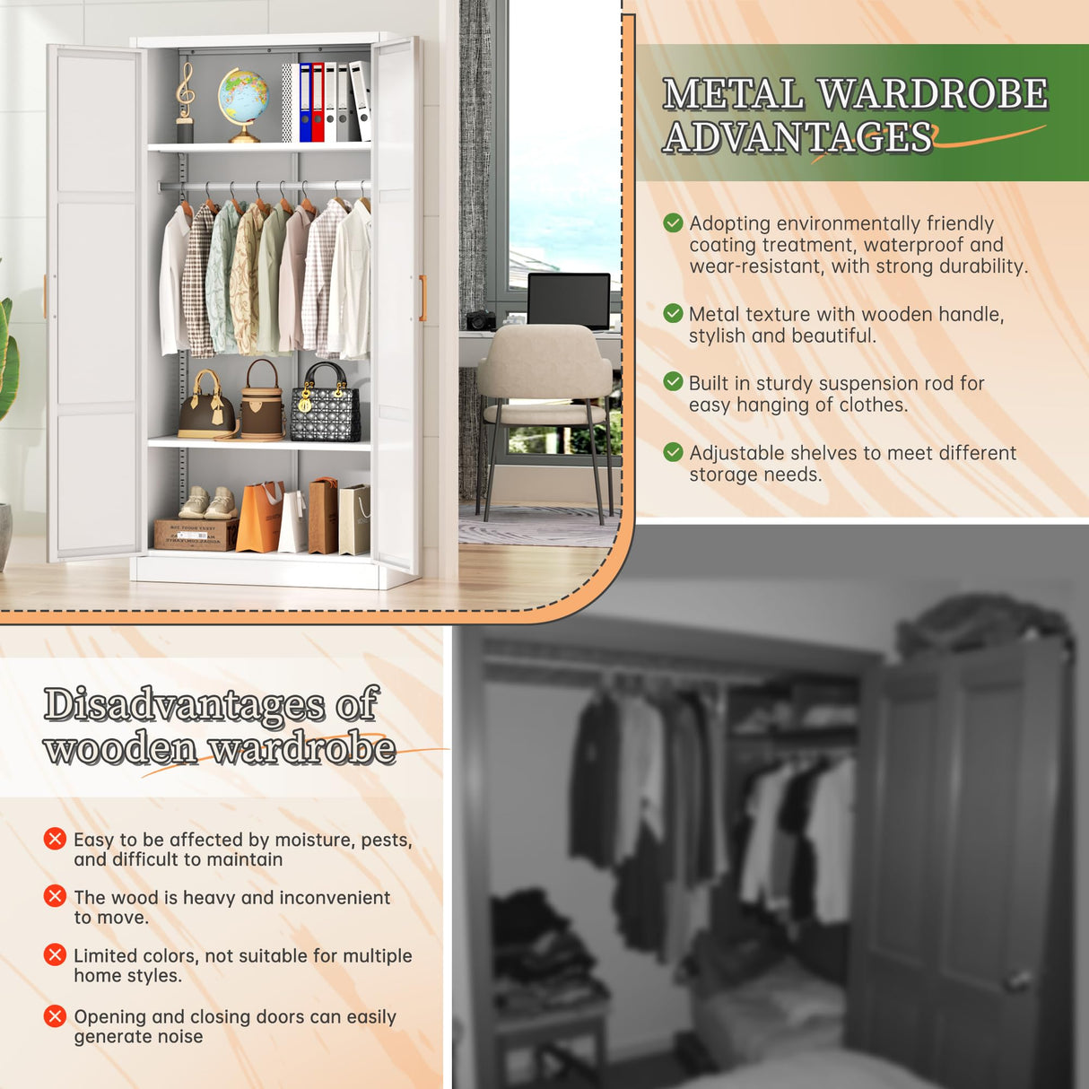 Greenvelly Metal Wardrobe Closet with Doors and Shelves,72" Armoire Wardrobe Closet for Hanging Clothes for Office, Home, School, Employee,Gym(White,36" W x 18" D,Warm Style) Greenvelly