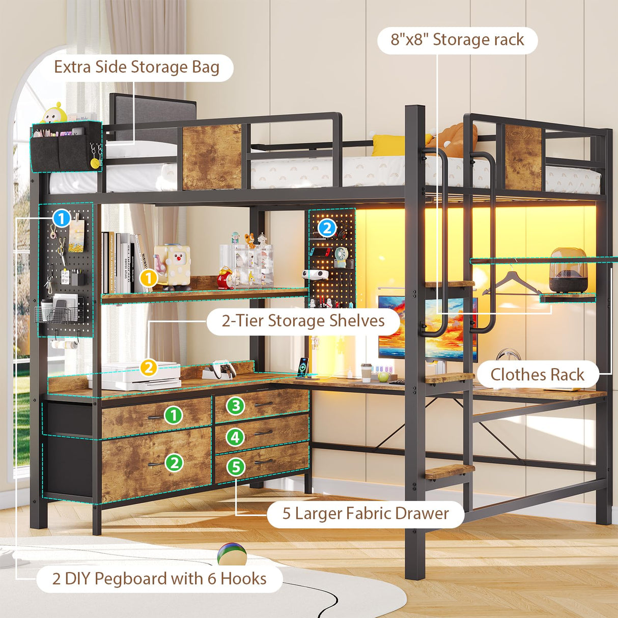 Dnxao Loft Bed with L-Shaped Desk Full Size,Full Size Bed Frame with 5 Storage Drawers, Bunk Bed with Desk,1 Bedside Organizer,LED Lights & Charging Station,Safety Guardrail,Noise Free,Rustic Brown Dnxao