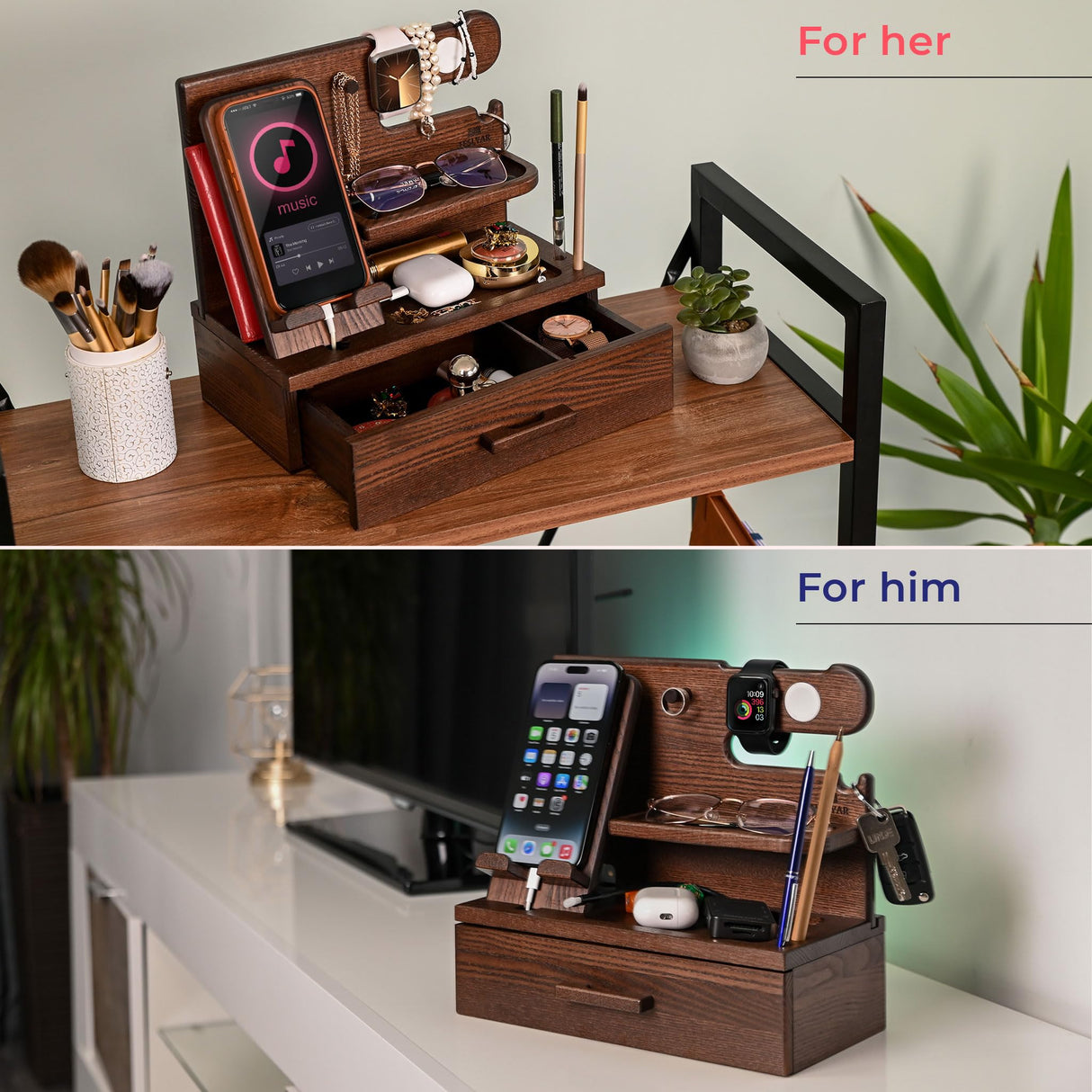 TESLYAR Wood Phone Docking Station with Drawer - Nightstand Organizer - Desk Organizer for Husband - Birthday Gifts for Men, Dad, Anniversary Idea, Key Holder Stand Watch & Accessories (Bourbon Brown) TESLYAR