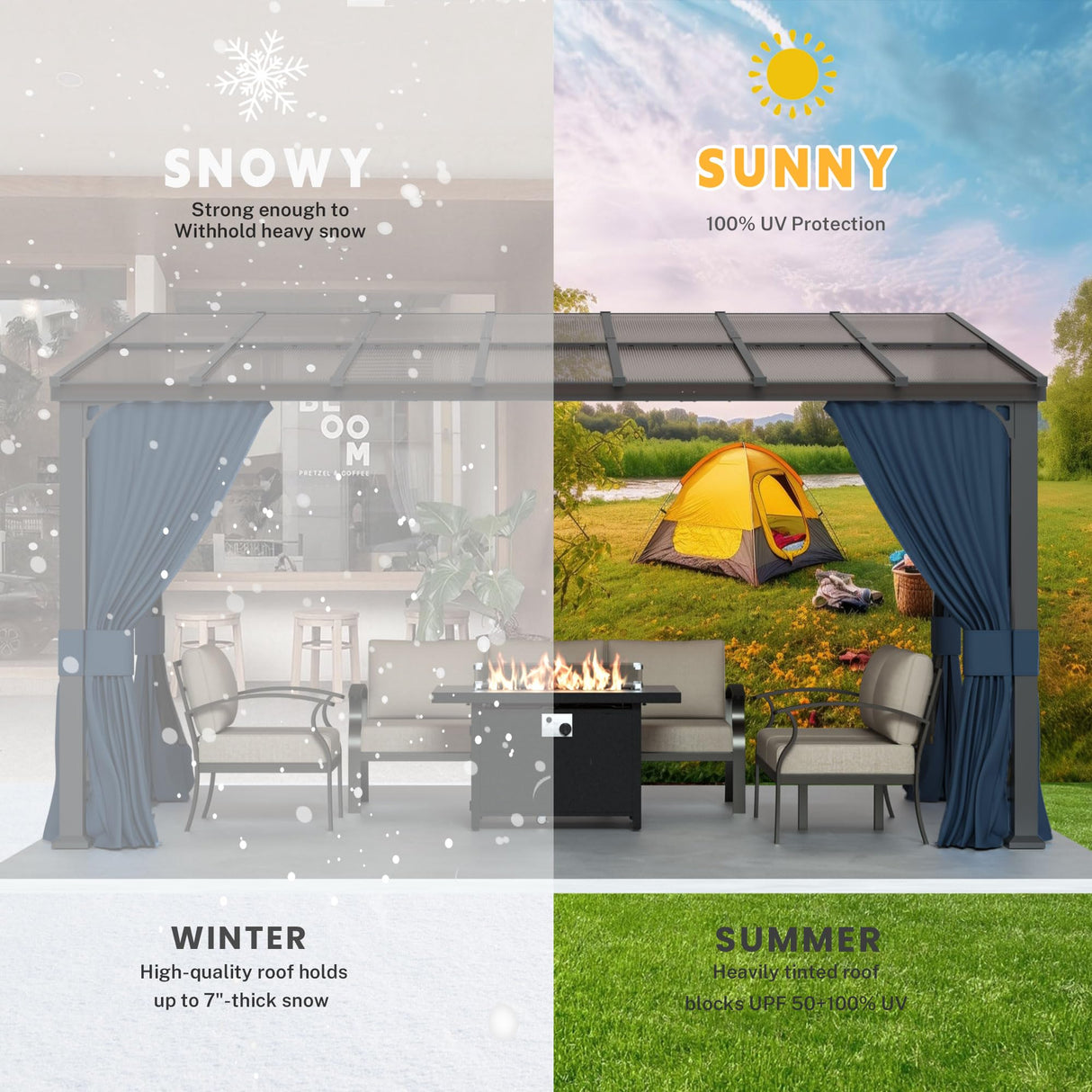 RTDTD 10' x 14' Gazebo,Hard Top Lean to Gazebo Wall Mount Heavy Hardtop Gazebo Outdoor Pergola with Curtains and Netting for Patio Garden Lawn Backyard Deck (Navy) RTDTD