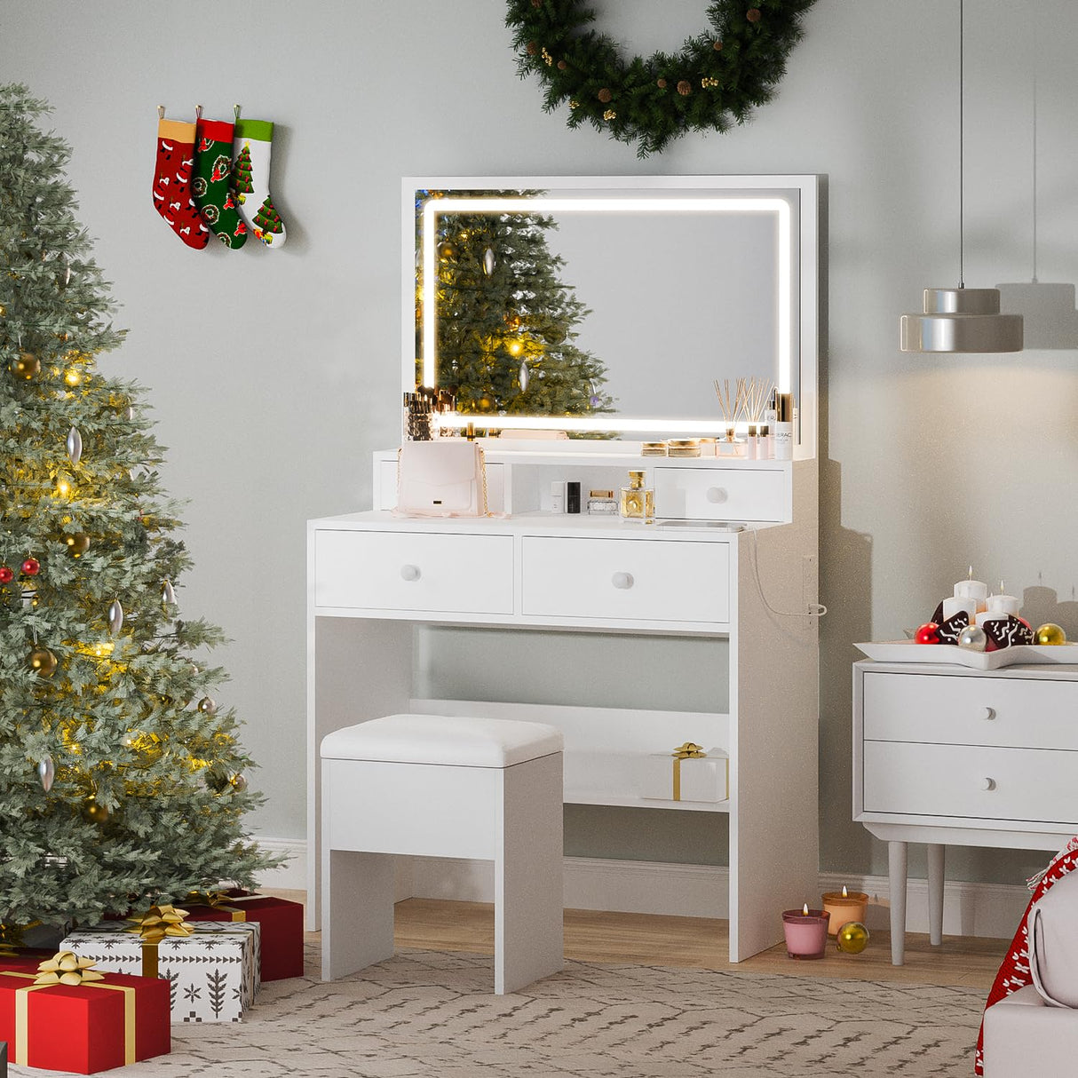 Haewon Vanity Desk with Mirror and LED Lights, White Makeup Vanity with Power Outlet, Storage Drawers and Chair, Dressing Table Set for Bedroom Dressing Room Haewon