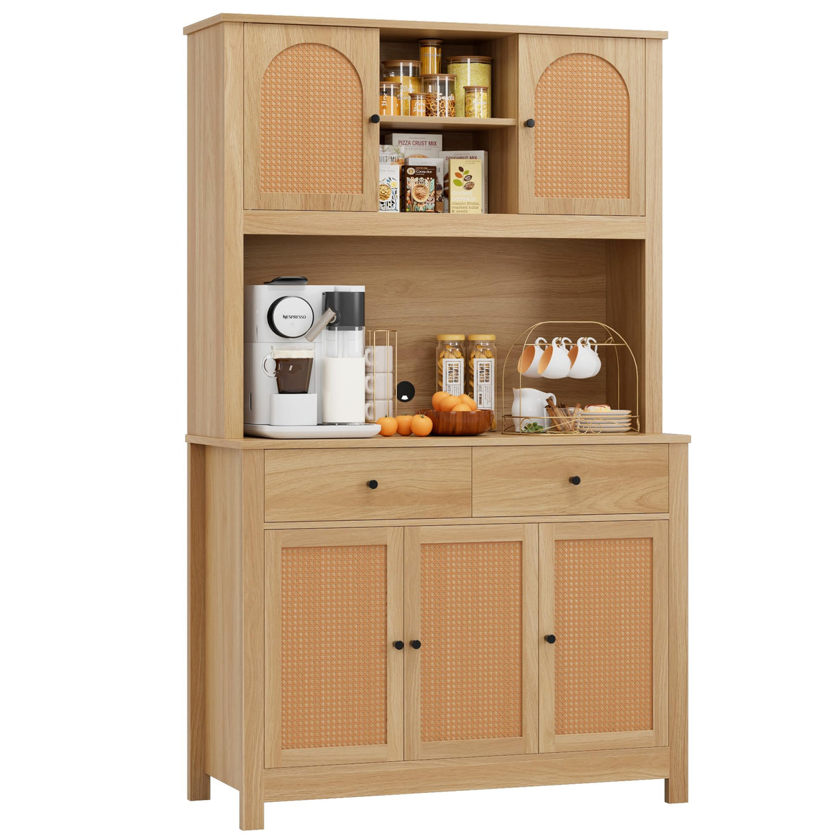 finetones 71" Tall Kitchen Pantry Cabinet, Kitchen Cabinet Hutch Cabinet with Rattan Doors and Microwave Stand, Rattan Kitchen Hutch Food Pantry Cabinet with Drawers & Shelves for Kitchen, Walnut finetones