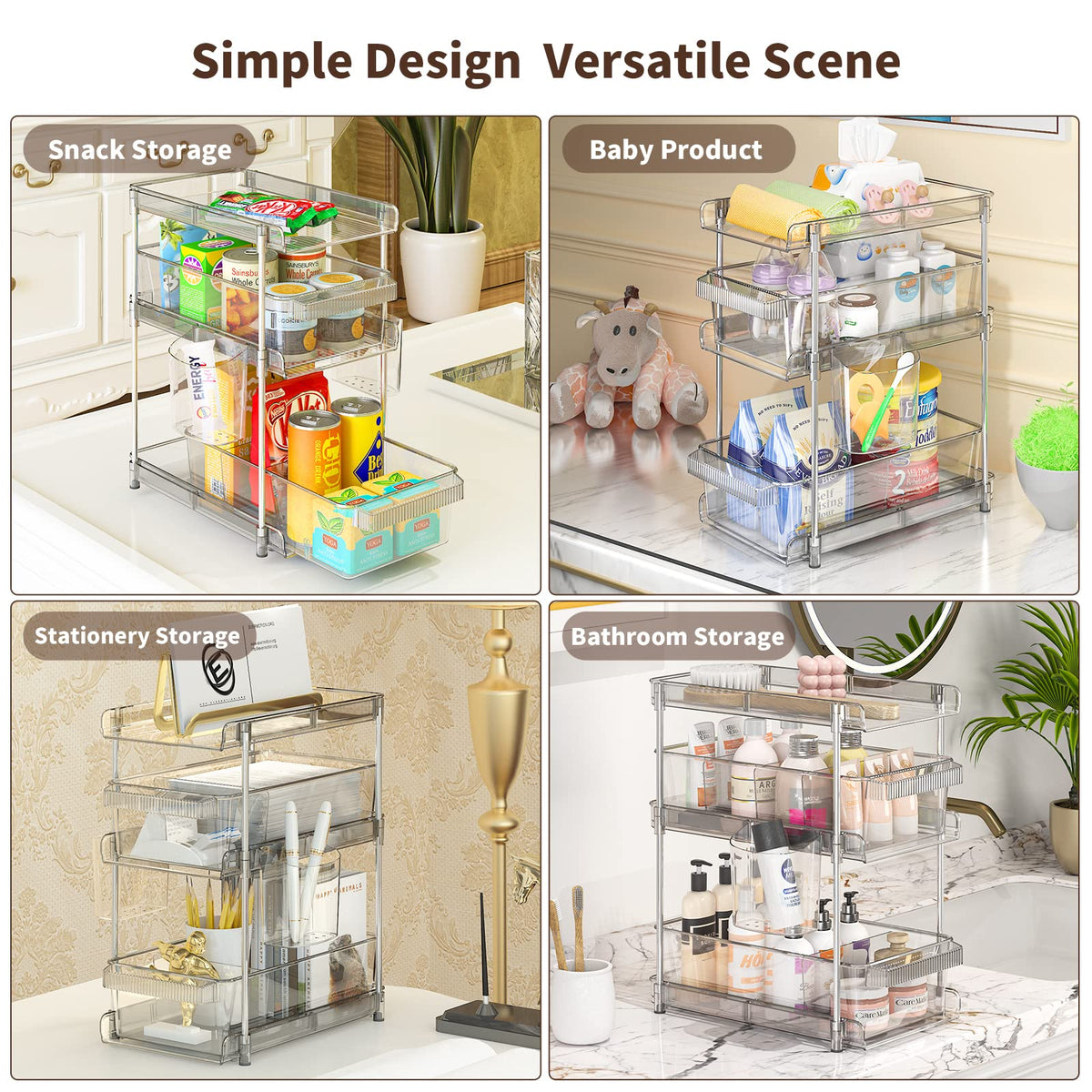 Clear Bathroom Organizers 2 Sets 3 Tier, Pull Out Organizer and Storage with 2 Cups, Slide Out Drawer Storage Container with 6 Dividers, Multi-Purpose Bathroom Organizer, Kitchen Under Sink Organizer WAKISA