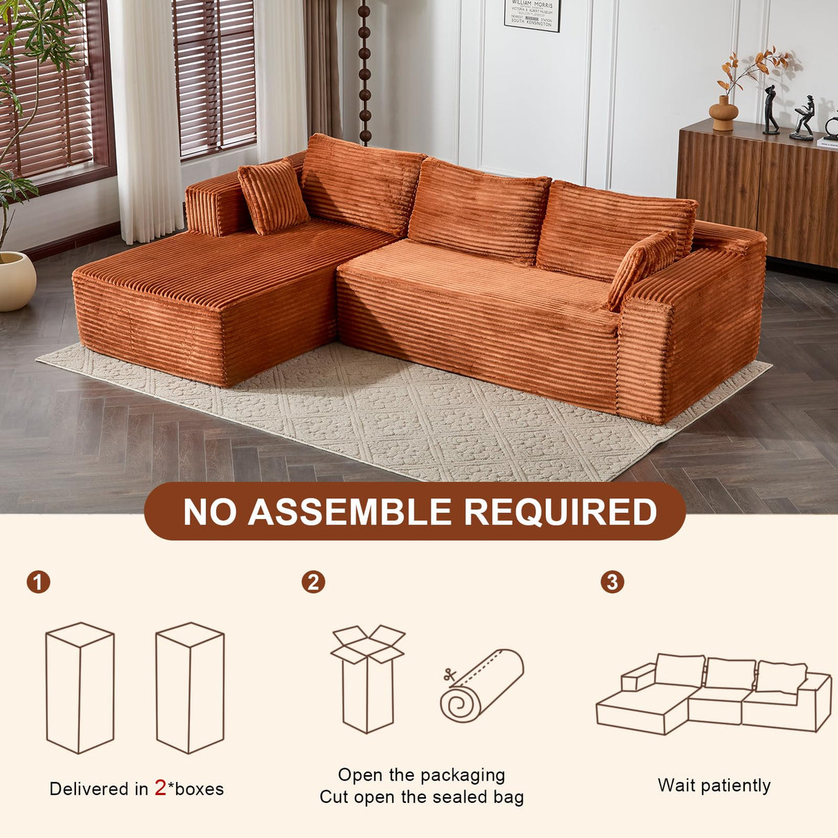110" Modular Sectional Sofa with L-Shape Chaise, Boneless Cloud Couch with Deep Seat, Sponge Compression Sofas No Assembly Required, Upholstered Couches for Living Room Bedroom, Corduroy (Brown) ETCZOYE
