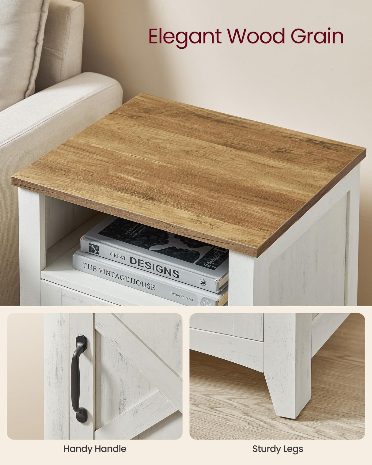 VASAGLE LIRY Collection - Farmhouse Nightstand with Barn Door, Bedside Table with Storage, Side End Table, Night Stand, Open Compartment, for Bedroom, Rustic White and Honey Brown ULET609K41 VASAGLE