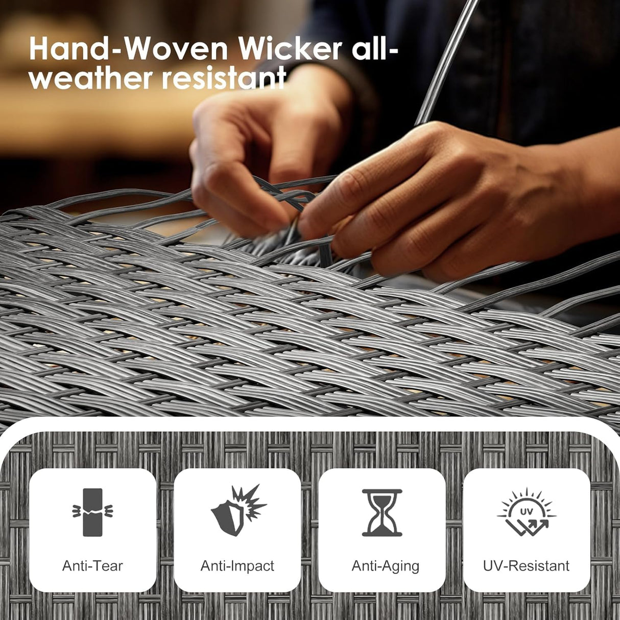 Restland Outdoor Half Moon Patio Furniture Set with Fire Pit Table, Grey Rattan Curved Patio Sectional Sofa, Wicker Conversation Set Restland