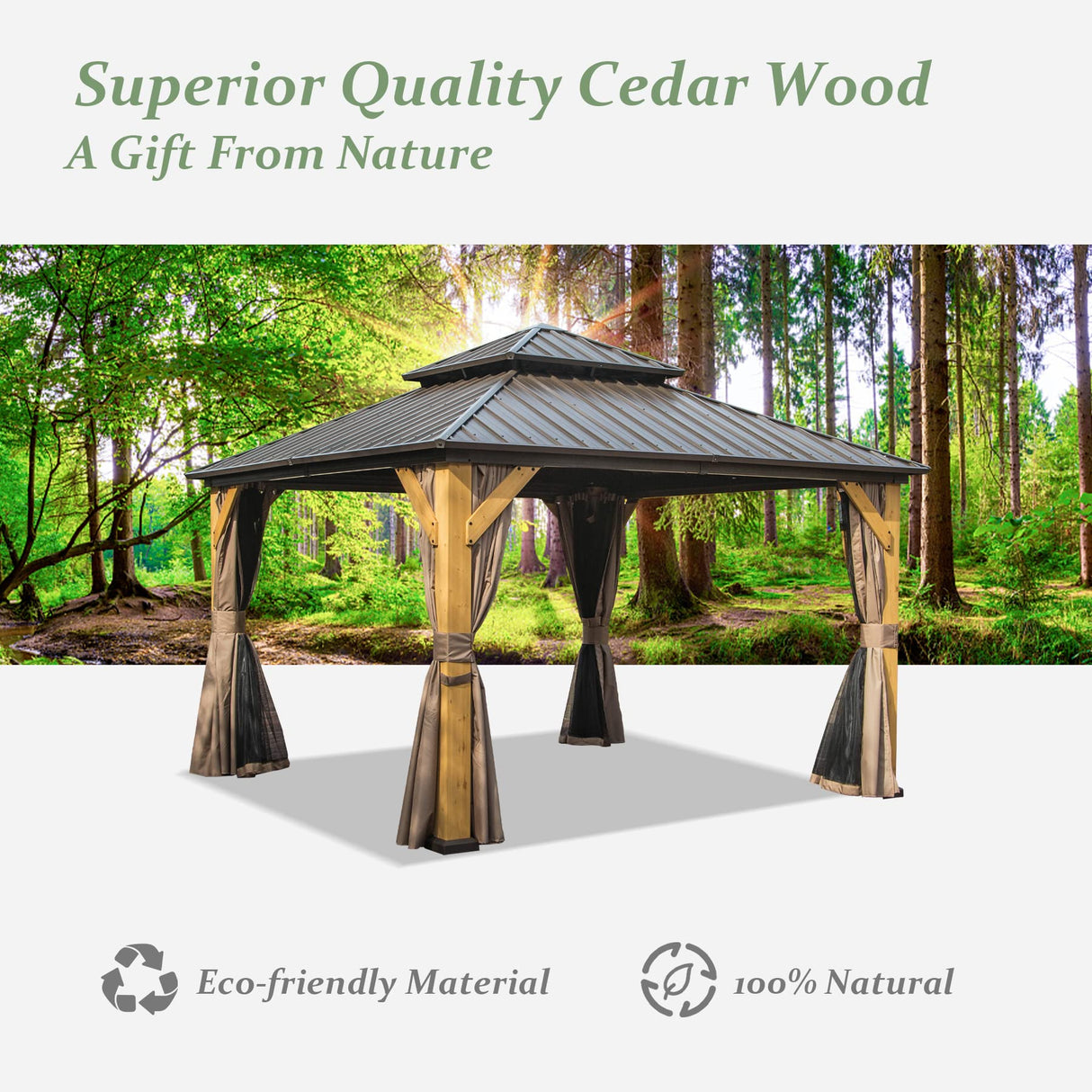 Domi 12x12 ft Wood Gazebo, Cedar Wood Frame Hardtop Gazebo with Galvanized Steel Double Roof, Outdoor Gazebo with Netting and Curtains, Patio Gazebo Pergola Pavilion for Patio, Backyard, Deck, Lawns domi outdoor living