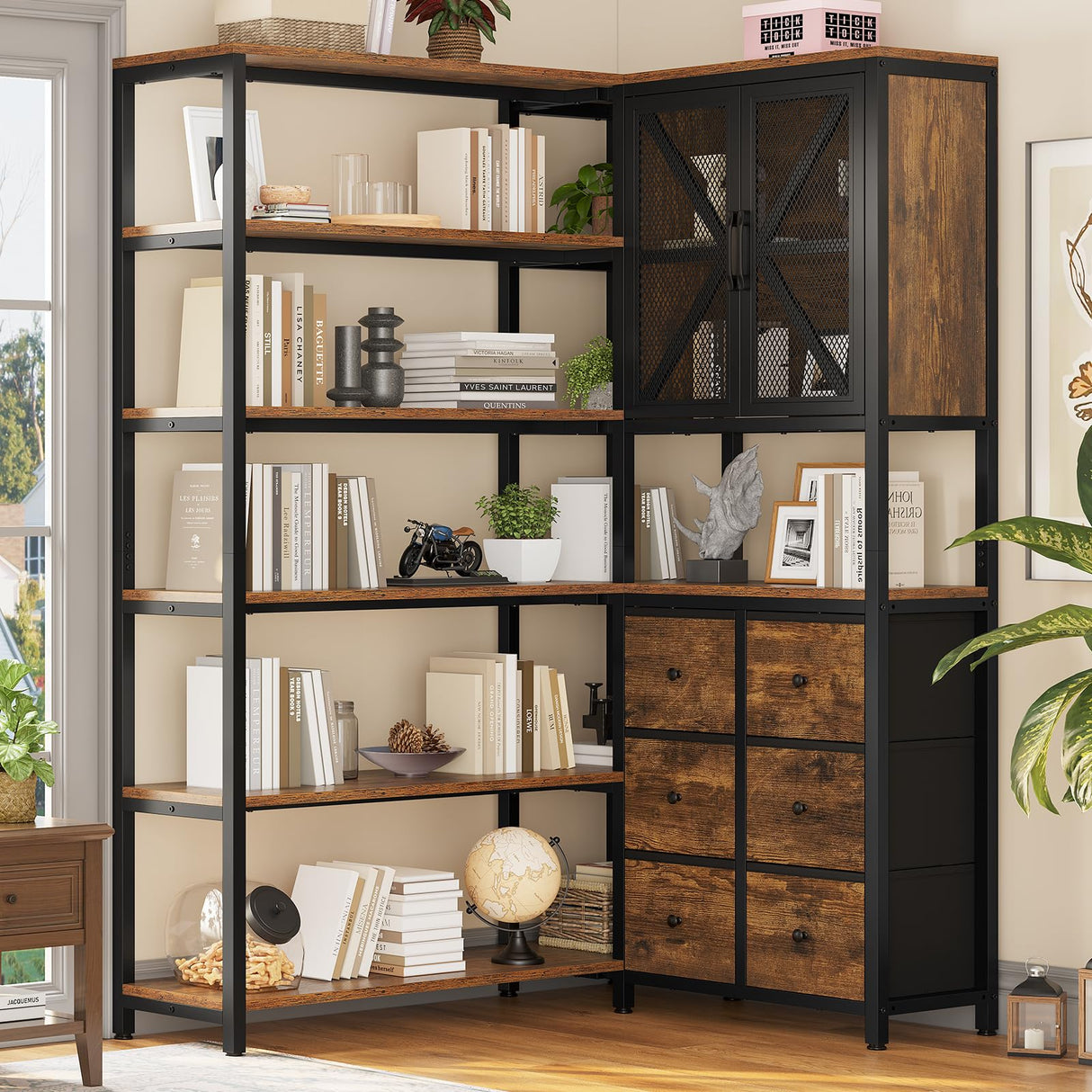 HAUOMS Corner Bookshelf, 6 Tier Industrial Convertible Bookshelf with 6 Fabric Drawers, Corner Bookcase Large L Shaped Storage Display Shelf for Home Office, Living Room, Kitchen, Rustic Brown HAUOMS