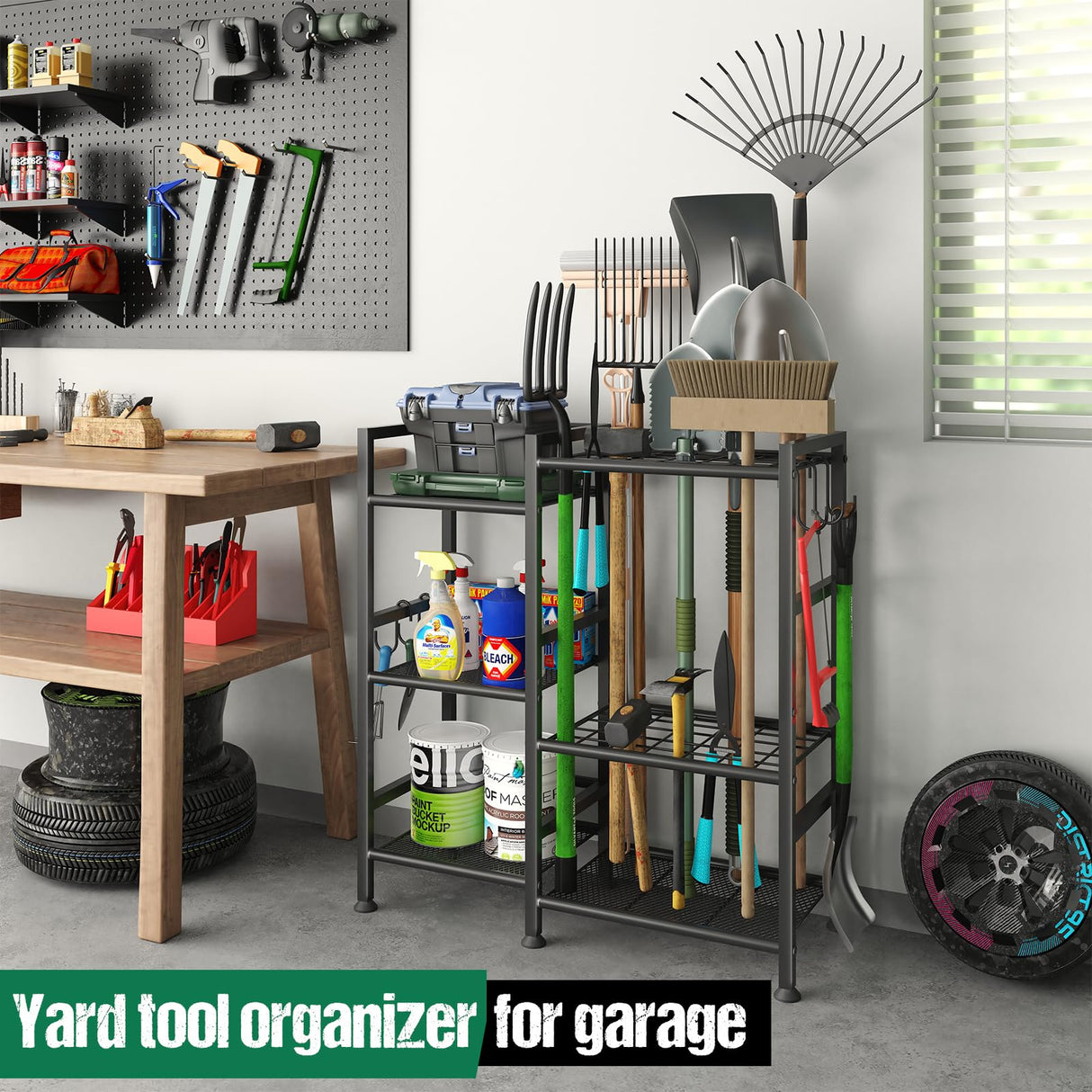 keomaisyto Garden Tool Organizer for Garage Organization, 3 Tier Yard Tool Storage Rack with 35 Long-Handled Tool Slots, Heavy Duty Garden Tool Holder with Large Hooks for Shed, Yard, Garage keomaisyto