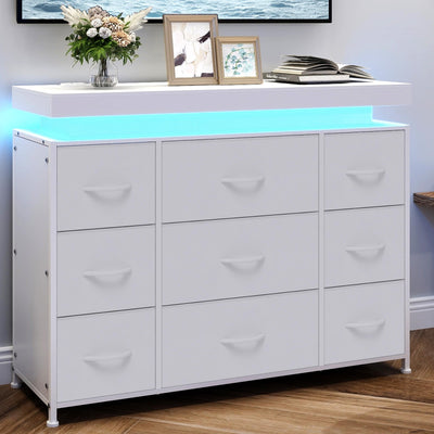 Tohomeor TV Stand 9 Drawer Dresser with Power Outlet LED Lights, Modern Chest of Drawers Fabric Drawers with PU Finish Small TV Console Table Dresser for Living Room (White, 9 Drawers)