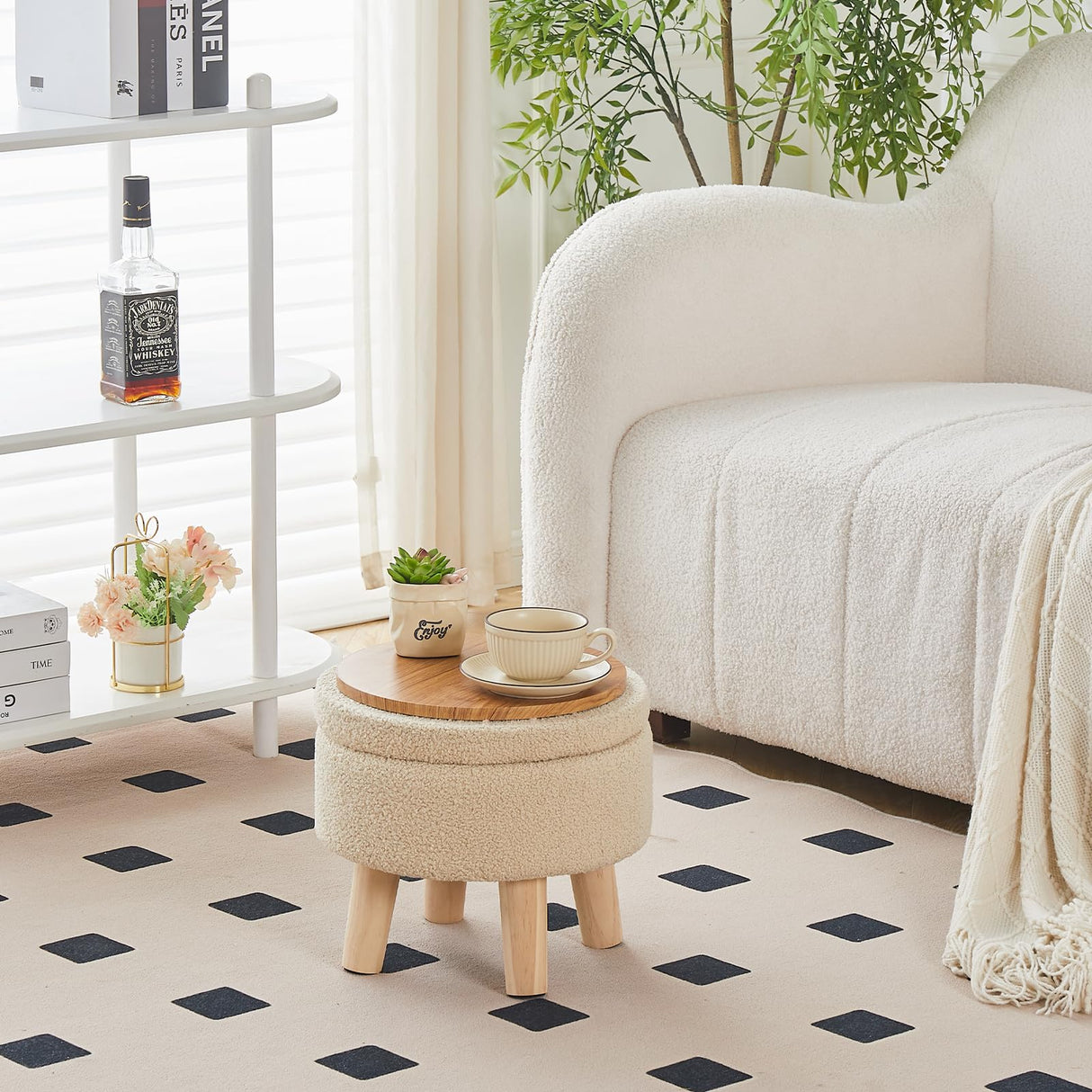 Wimarsbon Storage Ottoman, Modern Round Footrest with Soft Padded Seat, Teddy Velvet Footstool with Wood Legs, Accent Small Table or Plant Stand for Hallway, Living Room (Off-White) Wimarsbon