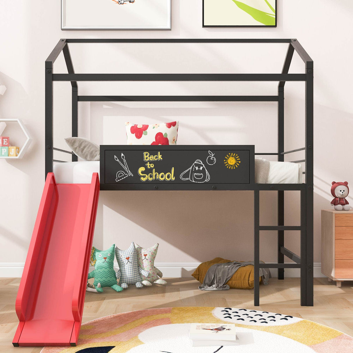 Twin House Loft Bed with Slide and Roof, Metal House Bed with Slide, Modern Style Heavy-Duty Steel Frame Loft Bed with Safety Rail, Built-in Ladder for Bedroom Dorm Boys Girls (Twin Size, Black+Red) Harper & Bright Designs