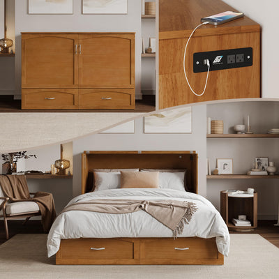 AFI, Marion Queen Wood Murphy Bed Chest with 6" Mattress, Storage Drawer, & Built-in Charger, Light Toffee