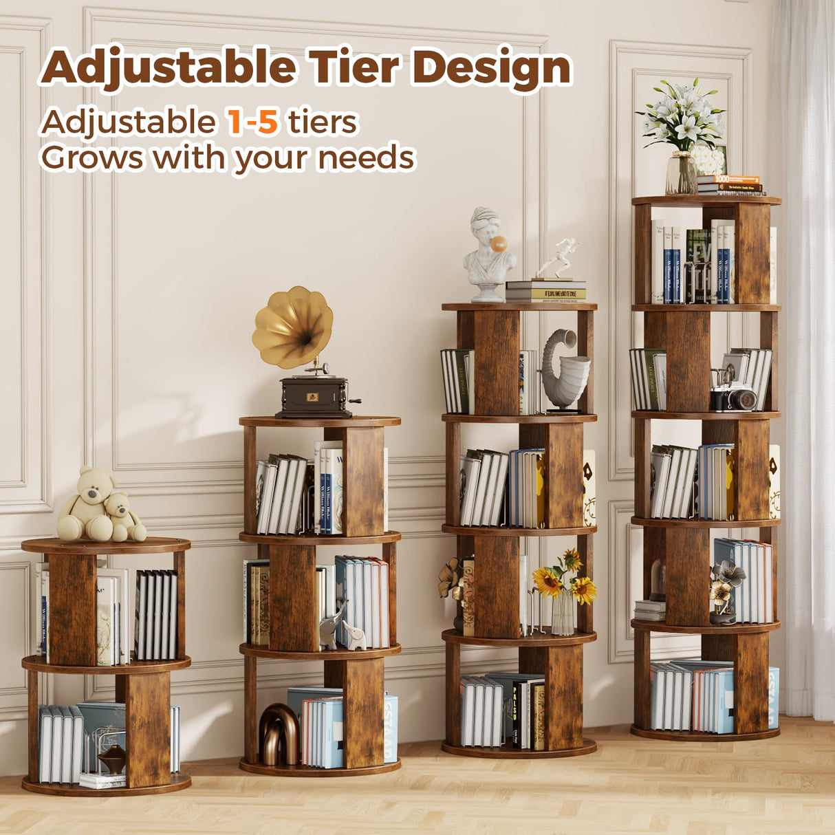 VYRIVA 5 Tier Rotating Bookshelf Tower, 360° Display Round Bookcase, Floor Standing Corner Revolving Bookshelf Organizer Storage Rack for Home Study Office, Walnut VYRIVA