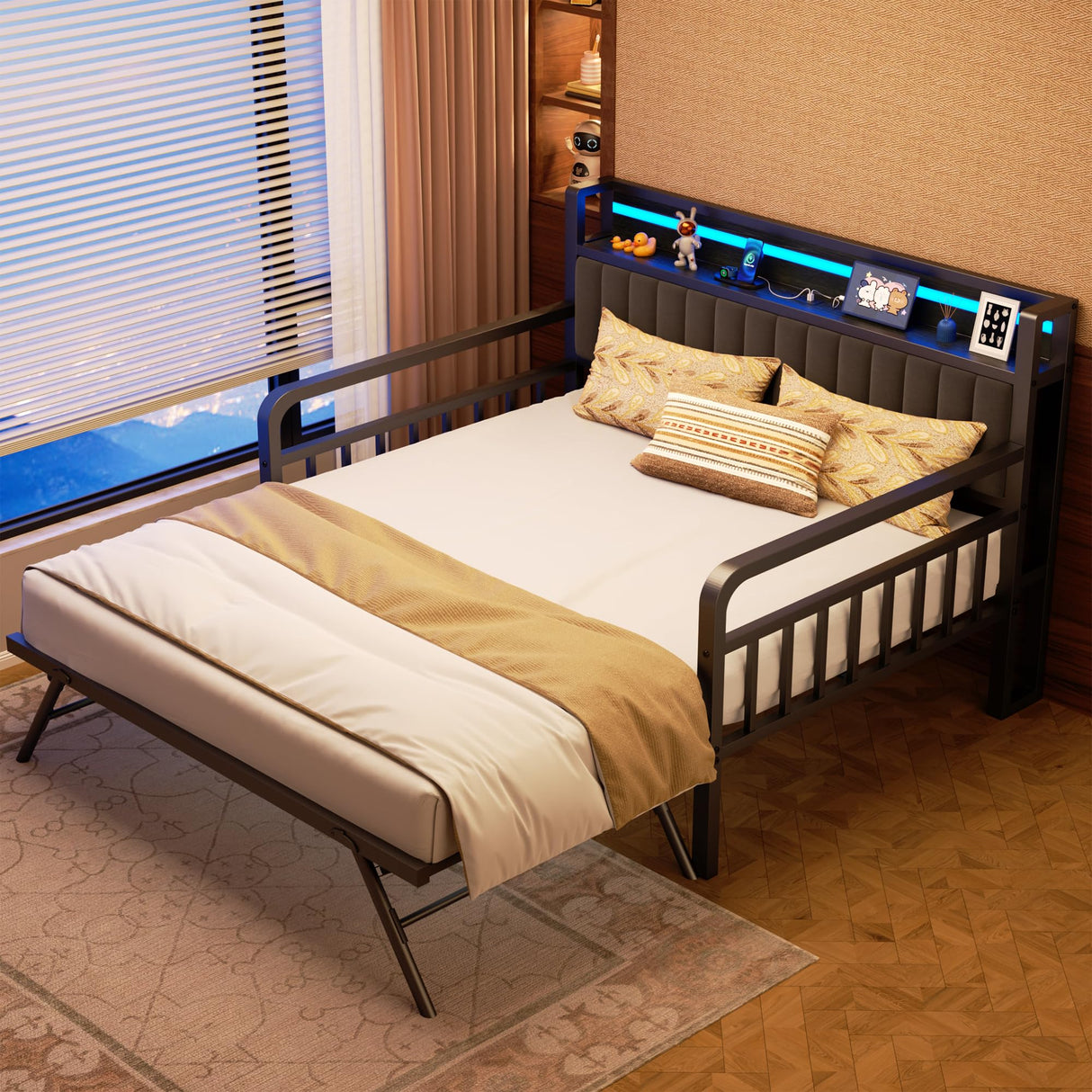 Daybed with Trundle and LED Light, Heavy Duty Metal Full Bed Frame with Upholstered Storage Headboard & Charging Station, Day Bed Pop Up Trundle Bed for Living Room,Bedroom and Guest Room, Black Jocoevol