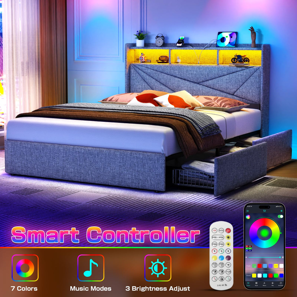 Driftalia King Size Upholstered Bed Frame with LED Lights and 4 Storage Drawers - Light Grey Driftalia