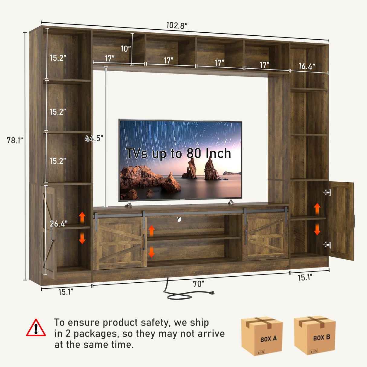 jiteentarou 103" Large Wall Unit TV Stand with Storage, Farmhouse Entertainment Center with Bookshelves for TVs up to 80", Wall Unit TV Stand with Power Outlets, TV Stands for Living Room, Brown jiteentarou