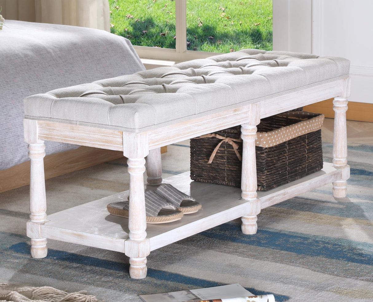 Janoray Farmhouse Storage Bench Wooden Entryway Upholstered Tufted Ottoman Bench for Bedroom End of Bed Hallway Organizer, Beige Janoray