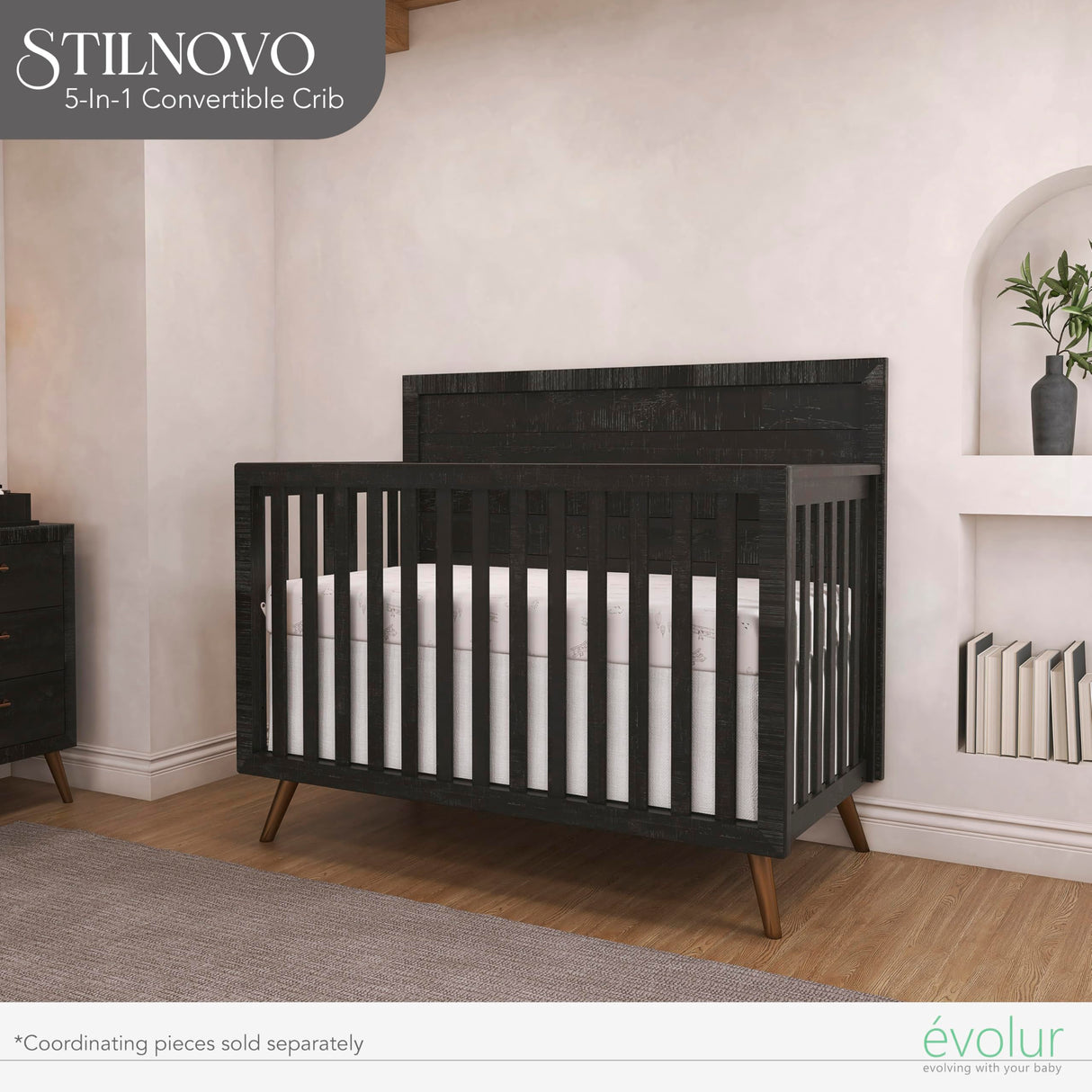 Evolur Stilnovo Mid Century 4-in-1 Convertible Crib, in Onyx Black Evolur