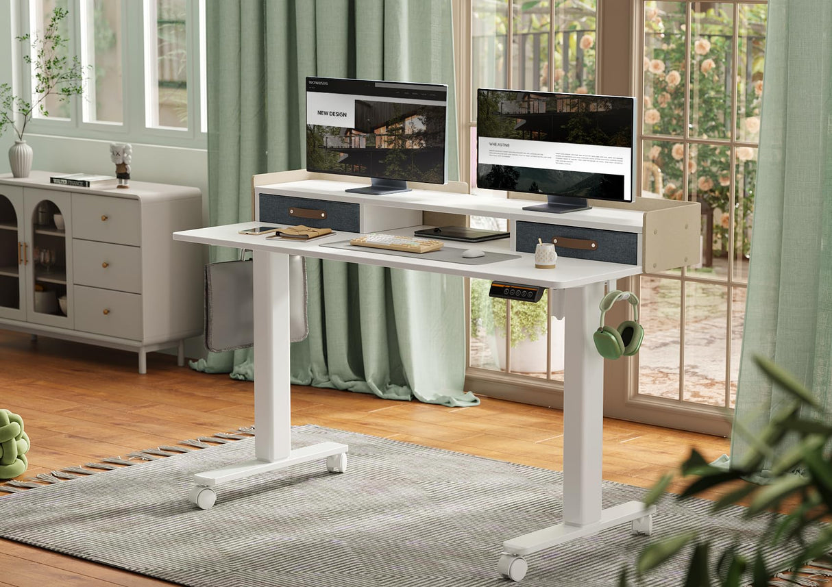 YDN Standing Desk with Drawers, 55 Inch Standing Desk Adjustable Height, Adjustable Electric Stand Up Sit Stand Small Desk with Storage and Shelf, White YDN