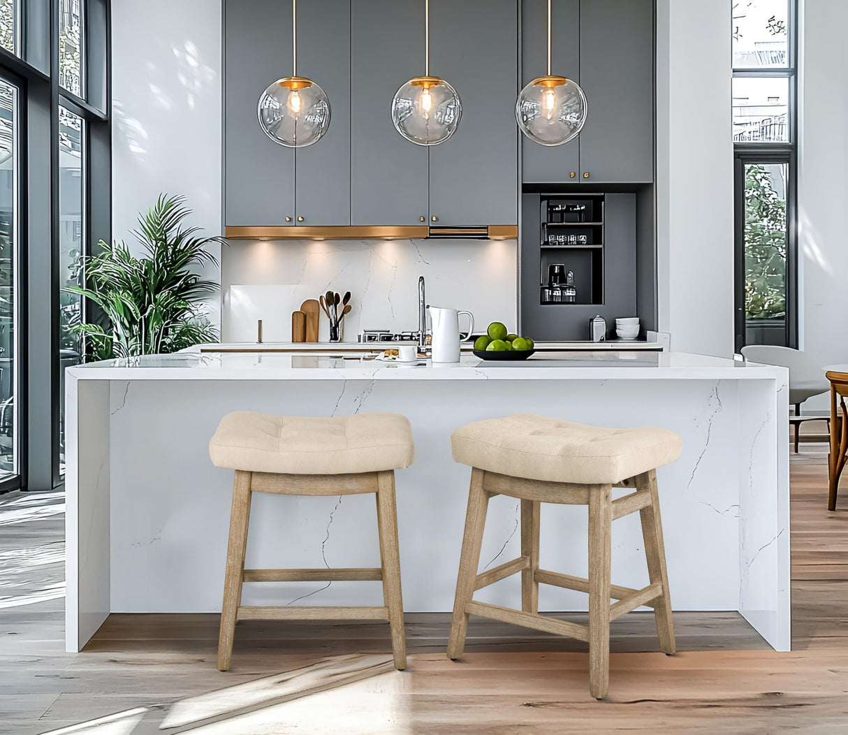 RNKSFX Counter Height Bar Stools Set of 3 for Kitchen Counter Farmhouse Modern Barstools with Upholstered Fabric Backless Seat and Solid Wood Legs 24 inch Bar Chairs, Khaki + Wood Color RNKSFX