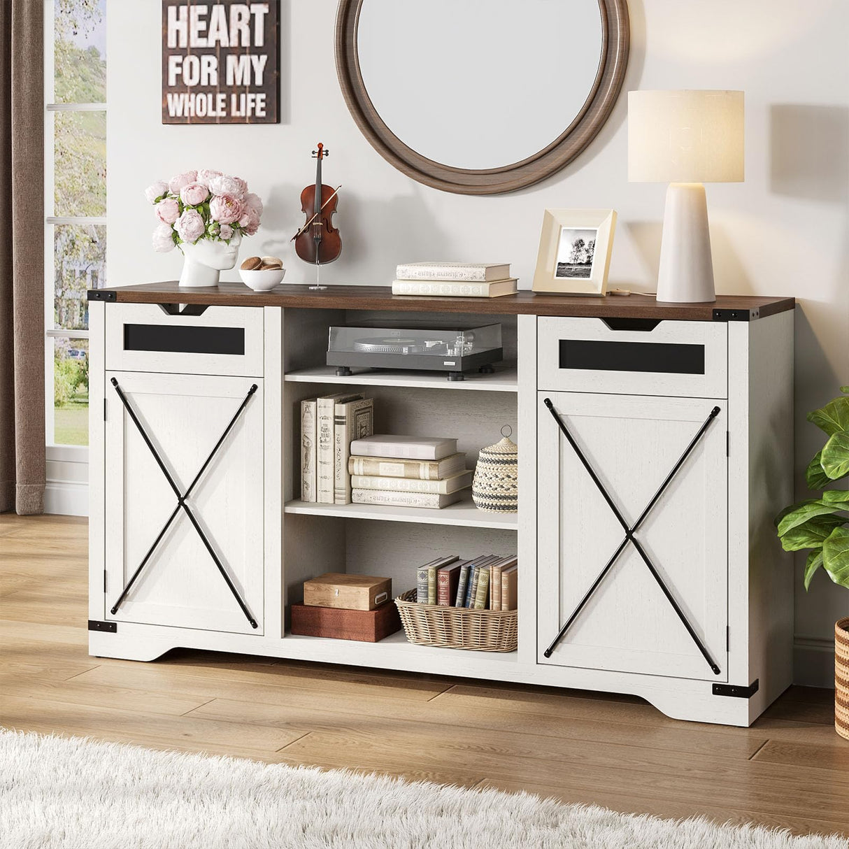 FiveWillowise Tall TV Stand, White Entertainment Center with Storage Cabinets for 65 Inch TV, 60'' Modern Media Console Table with Drawers and Adjustable Shelves, Television Stands for Living Room FiveWillowise