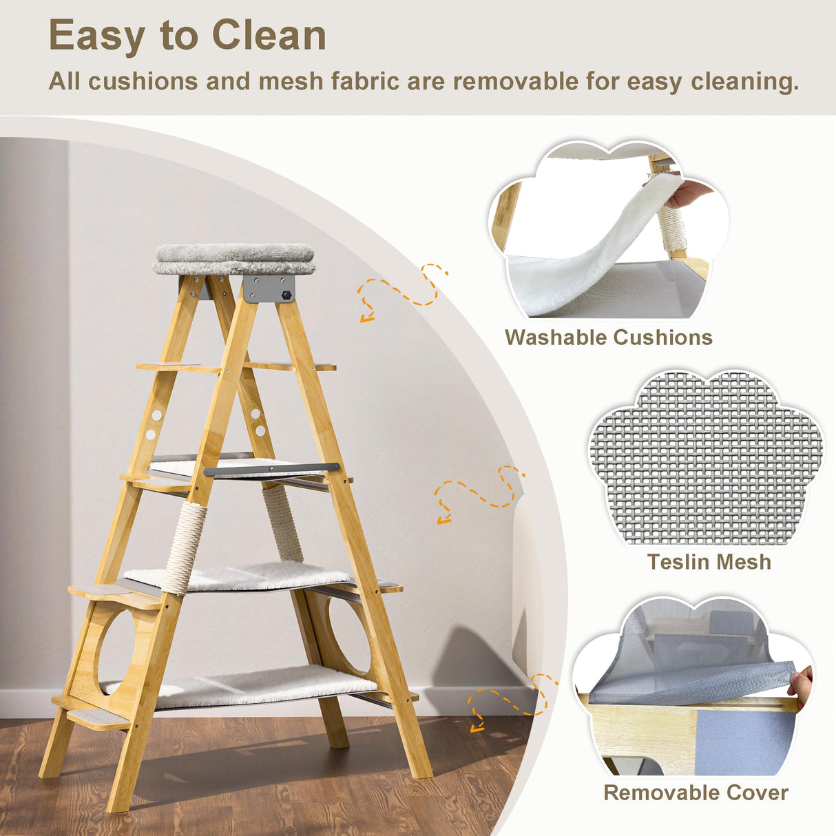 GDLF Modern Wood Cat Tree Foldable Ladder Design with Cat Hammock & Sisal Scratch Post, Solid Wood Tall Cat Tower for Large Cat Easy Clean 60" H GDLF