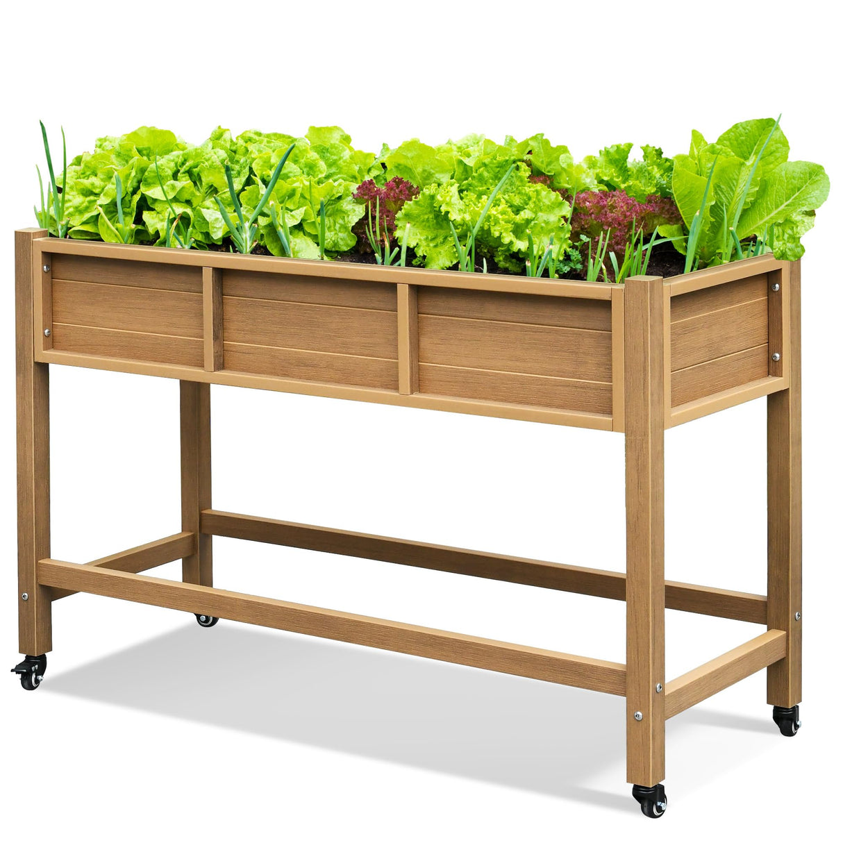 DWVO 47x18x31in Raised Garden Bed, Weather Resistant Poly Wood Planter Box Stand, Planter Box with Legs & Lockable Wheels, Elevated Garden Bed for Backyard Patio Balcony - Brown DWVO