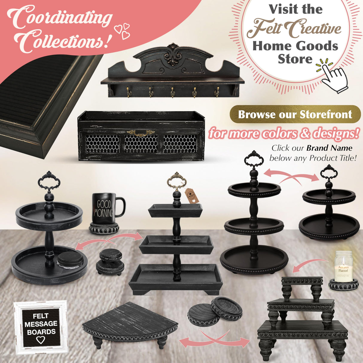 Felt Creative Home Goods Decorative Wood Risers for Decor | Tiered Tray Stand | Farmhouse Beaded Riser Stand for Decor | Wooden Pedestal Stand Large 12x16 Beaded Tray for Kitchen Coffee Bar (Black) Felt Creative Home Goods