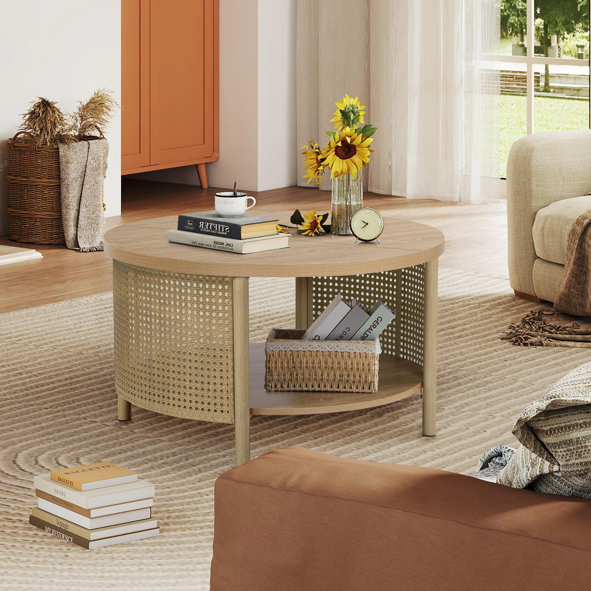 AVZEAR 31.5" Round Coffee Table for Living Room, 2-Tiered Iron Rattan Center Table Boho Modern Coffee Table with Storage, Wooden Circle Coffee Tables for Home, Office, Cafe, Natural Color