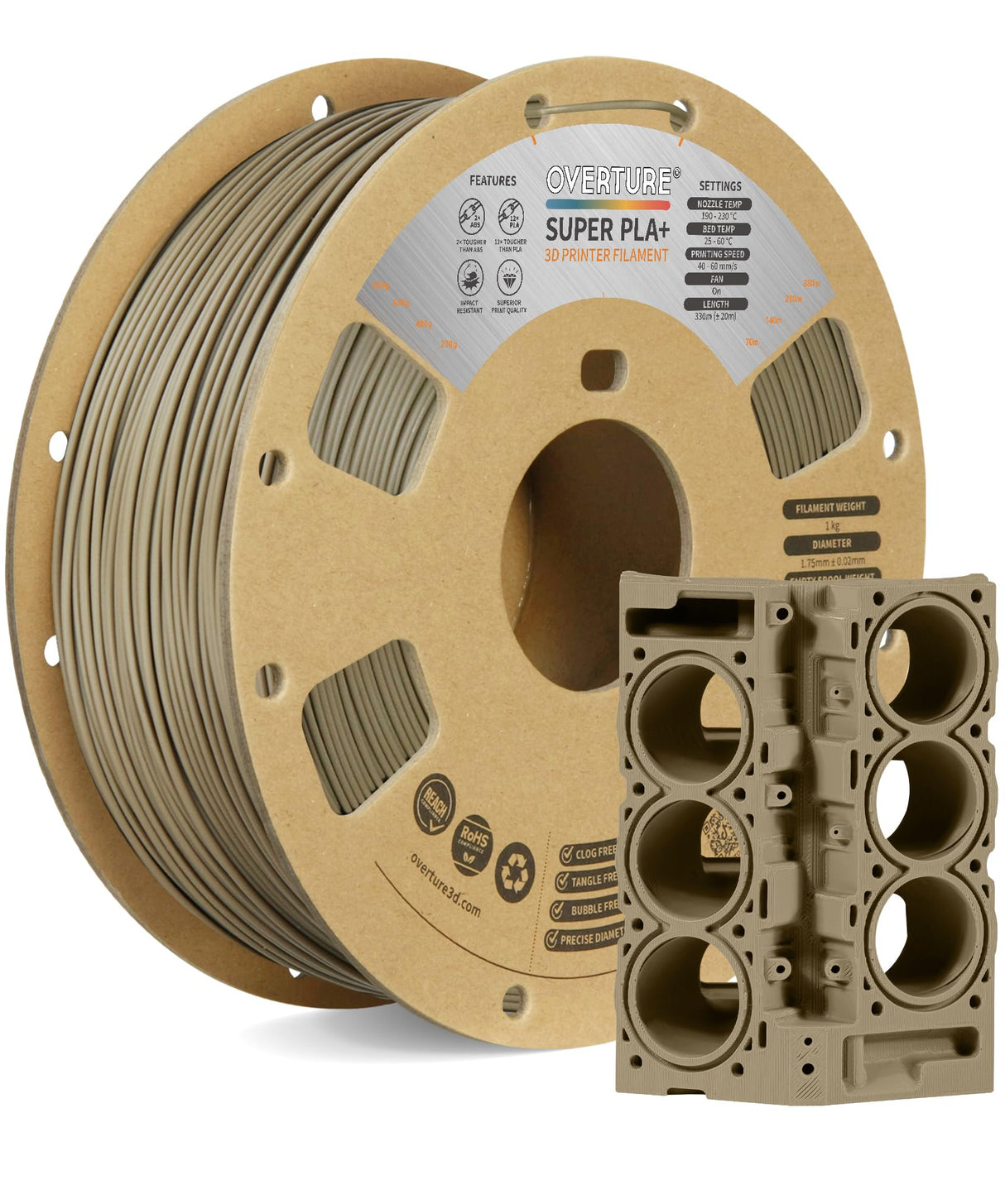 OVERTURE Super PLA+ Filament 1.75mm, Toughness Enhanced PLA Plus, Professional Toughness 3D Printer Filament 1kg (2.2lbs), High Precision +/- 0.02mm (Light Brown) OVERTURE