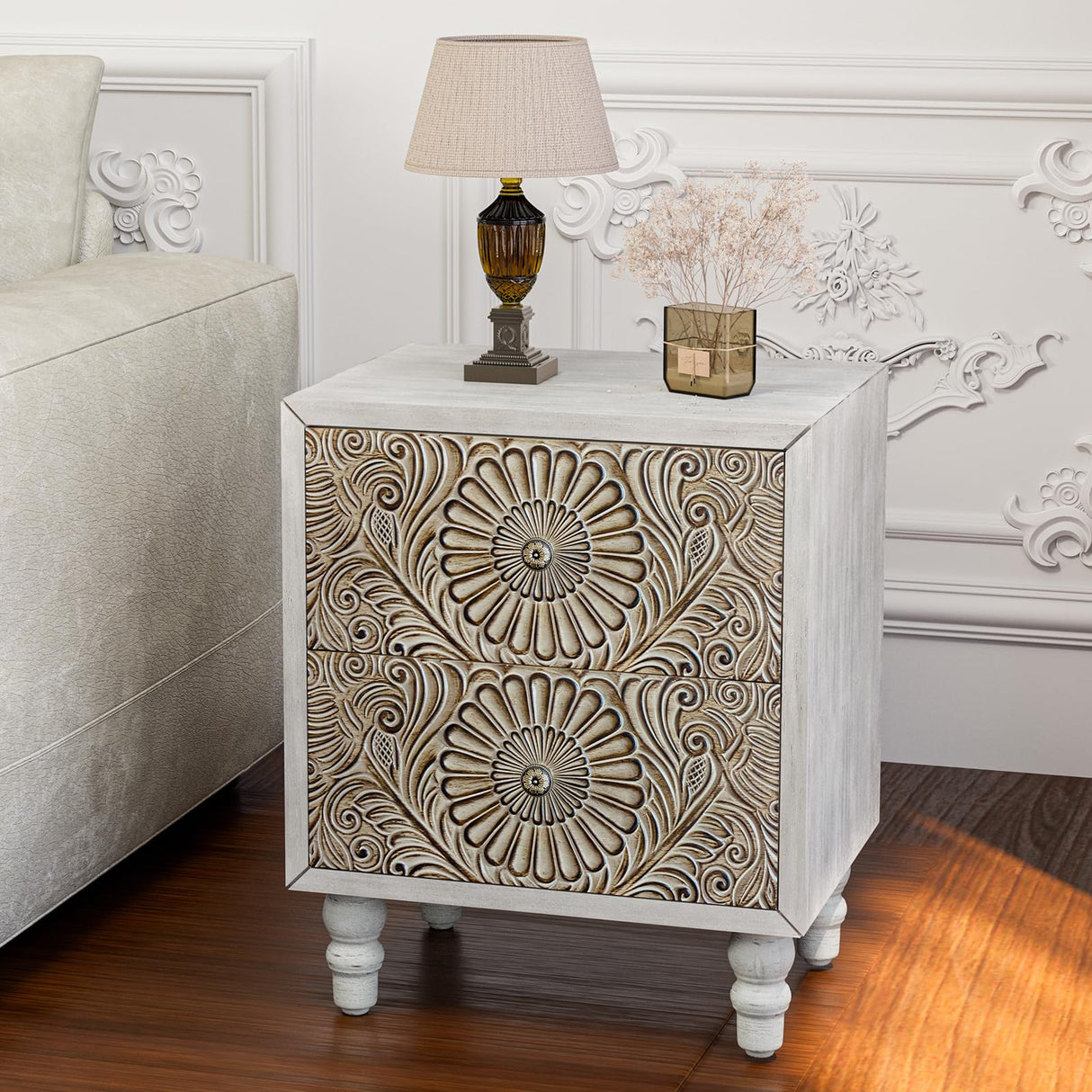 HOMPUS End Table with 2 Drawers Sets of 2, 2 Tier Bedside Table Sets, Wood Grain Nightstand, Small Accent Table with Pattern Drawer, Side Table for HOMPUS