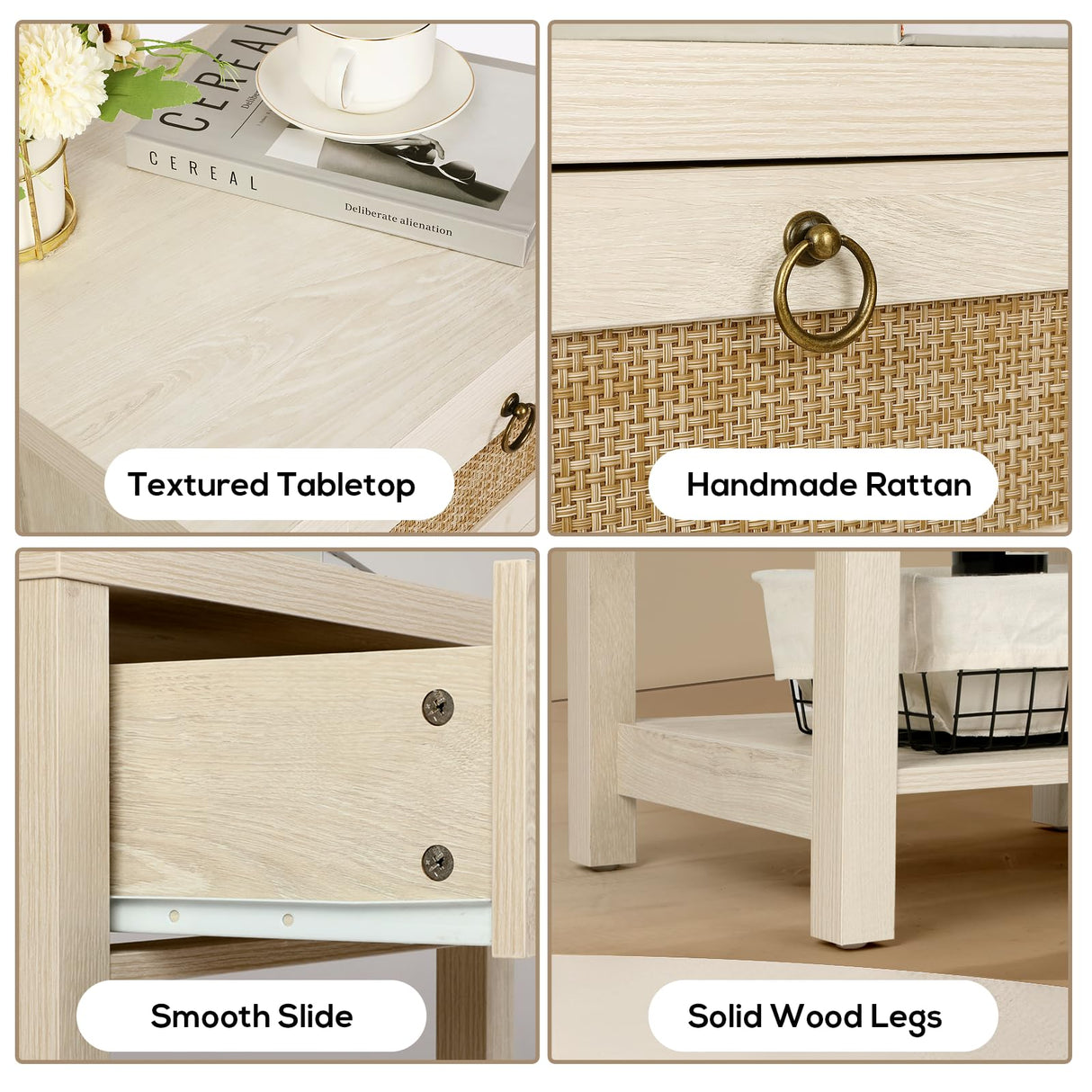 VOWNER White Rattan Nightstand Set of 2, Wood Night Stand with Vintage Metal Pull Handle, 2 PCS Bedside Table Boho End Tables with Storage, Side Tables Shelf for Bedroom, Small Space VOWNER