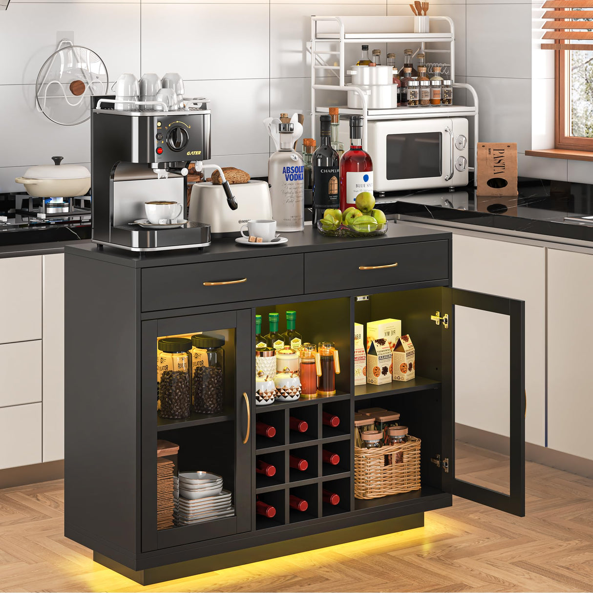 knoworld Wine Bar Cabinet with LED Lights, Coffee Bar Cabinet with Wine and Glass Rack, Black Bar Cabinet Liquor Cabinet, Kitchen Buffet Sideboard with Storage for Living Room, Dining Room knoworld