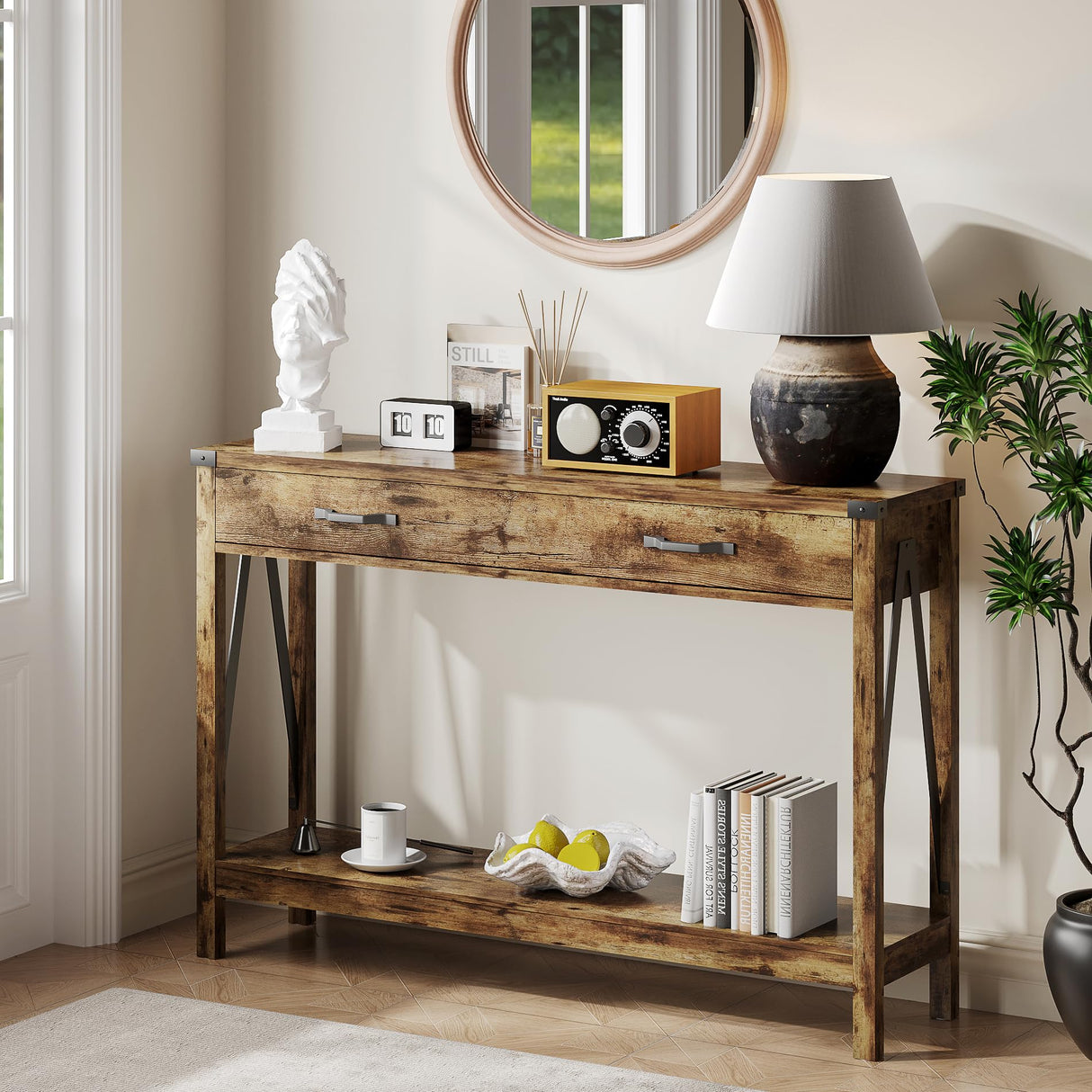 ChooChoo 47'' Farmhouse Console Table with Drawer, Entryway Table with Storage Shelf, Rustic A-Design Sofa Table for Hallway, Entrance, Living Room, Rustic Brown ChooChoo